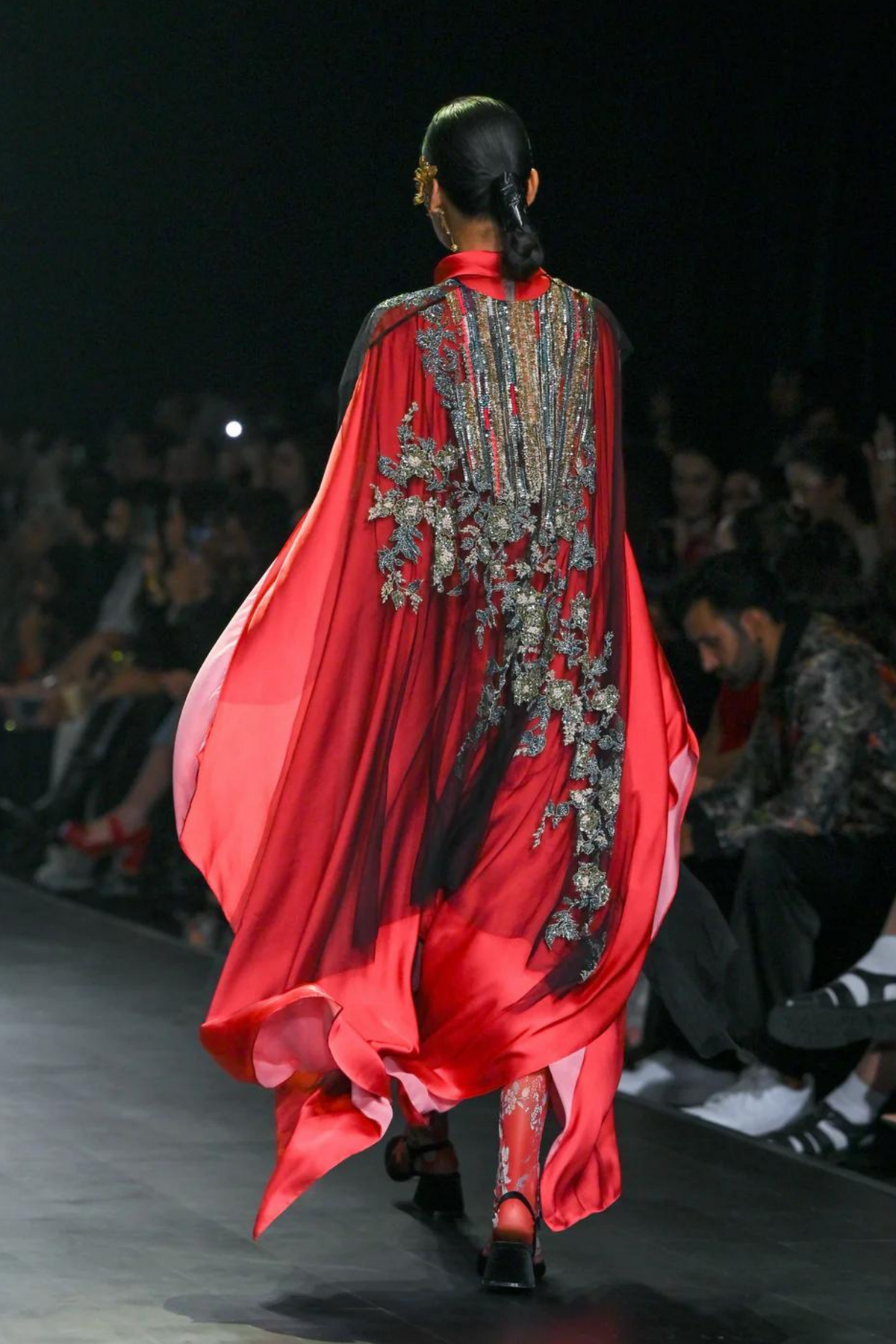 Red Printed Dress With Black Cape Set