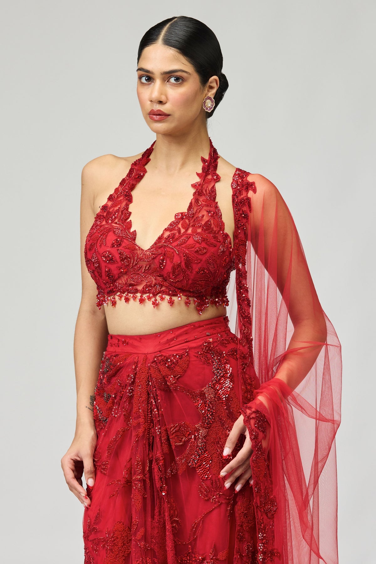 Red Embellished Skirt Set