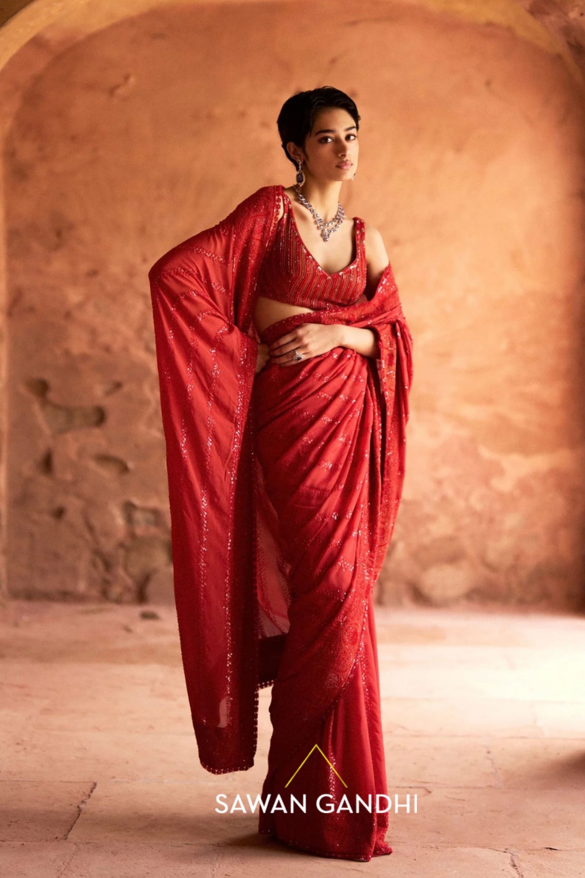 Orange Red Sequin Saree Set