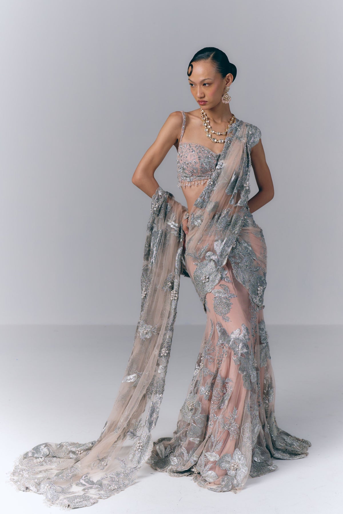 Noor Silver Drape Saree Set