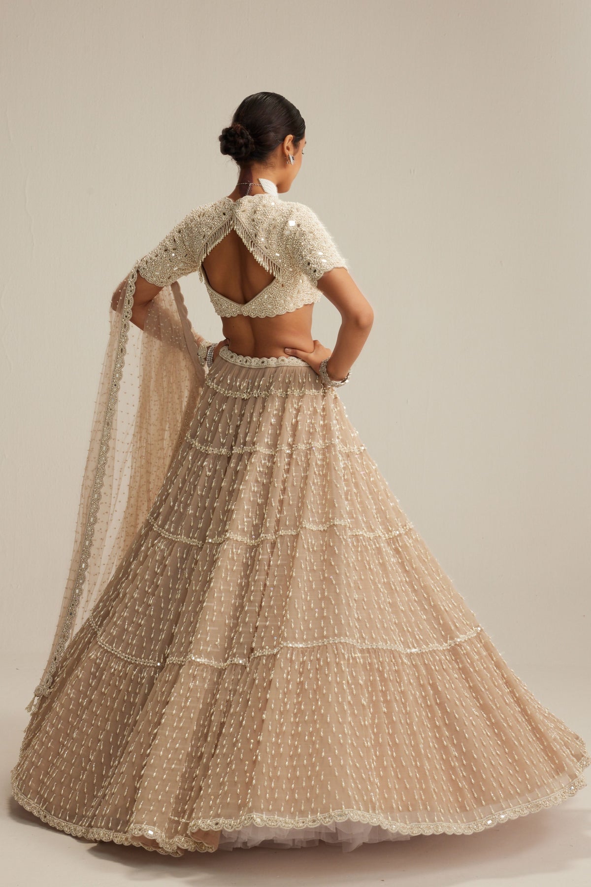 Light Beige Pearl Drop Multi Tier Lehenga Set