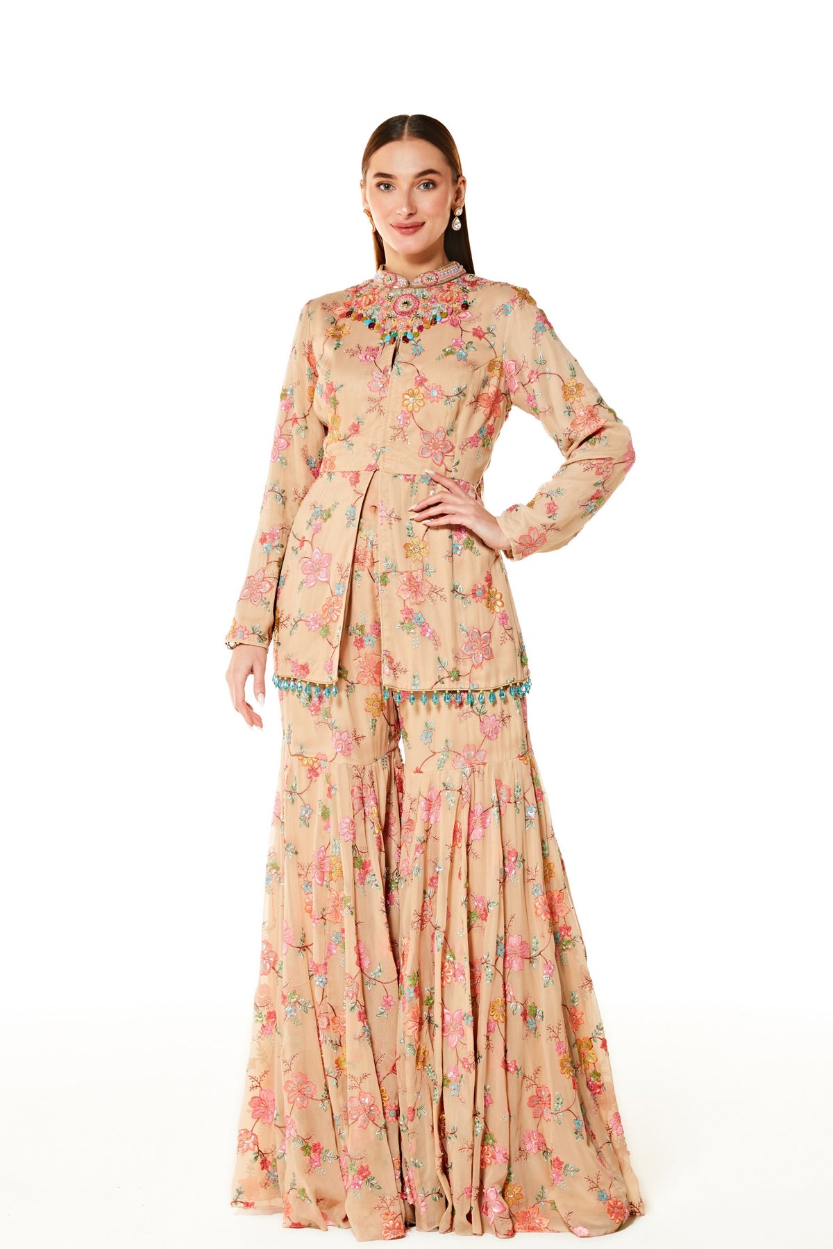 Beige Dalia Embroidere Sharara Set