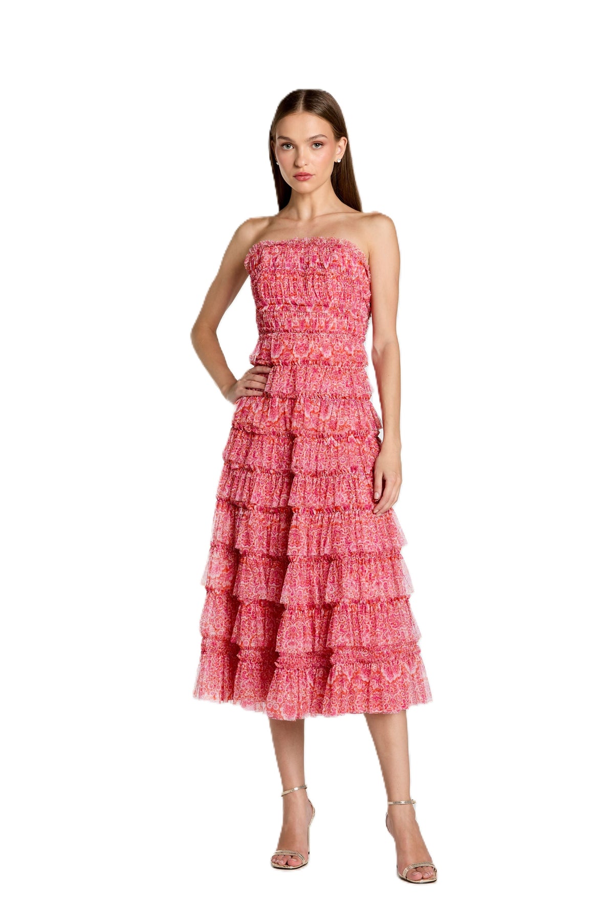 Pink Floral Ruffle Midi Dress