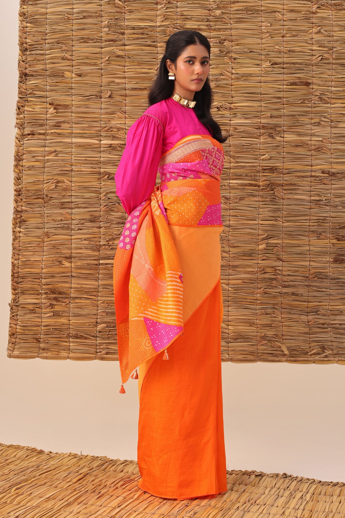 Orange Bandhani Patchwork Saree set