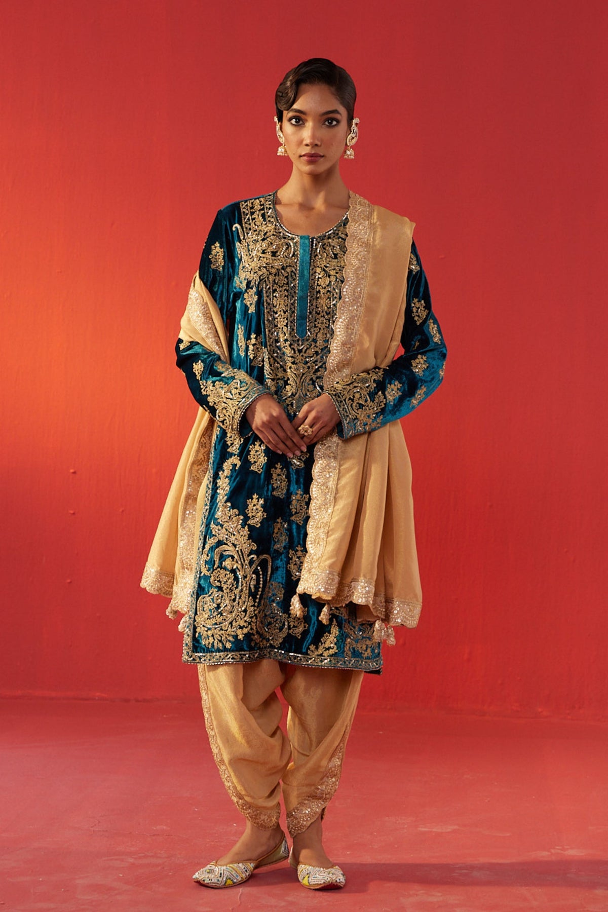 Teal Blue Velvet Kurta Set