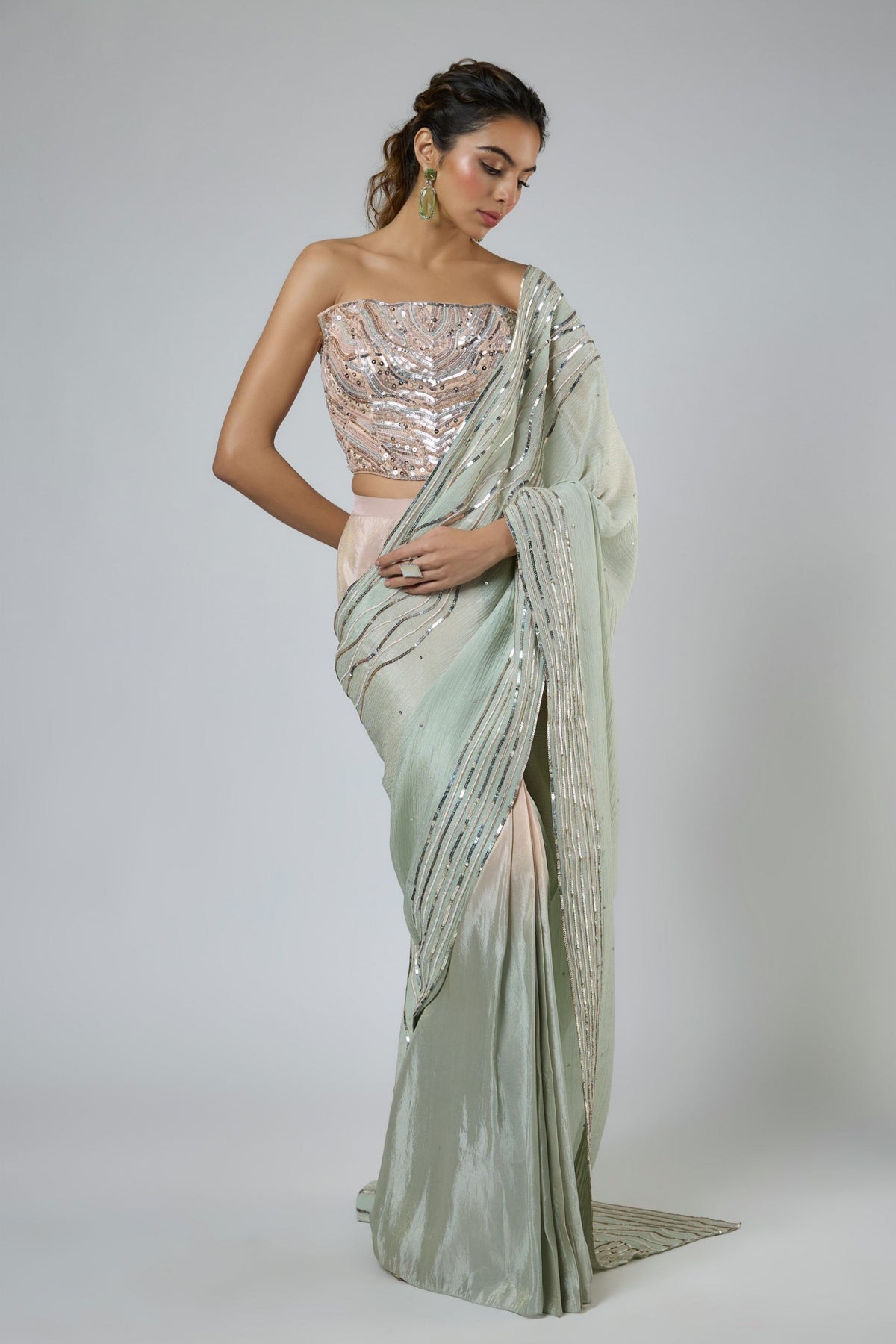 Mint Ombre Draped Saree Set