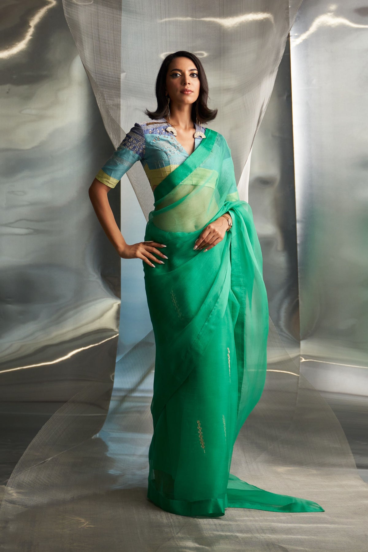 Green Saree Sleeves Blouse Set