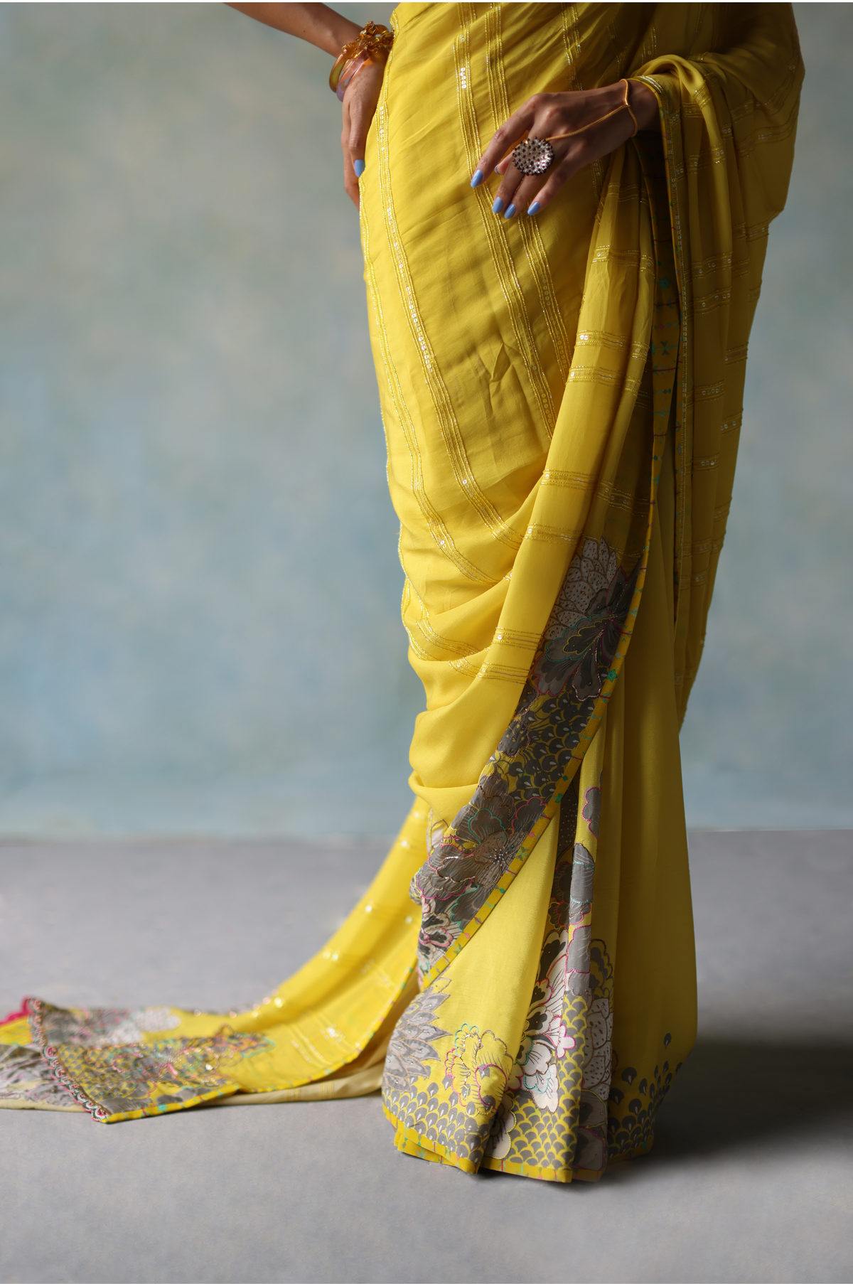 Gul Yellow Printed Stripe Crepe Sari