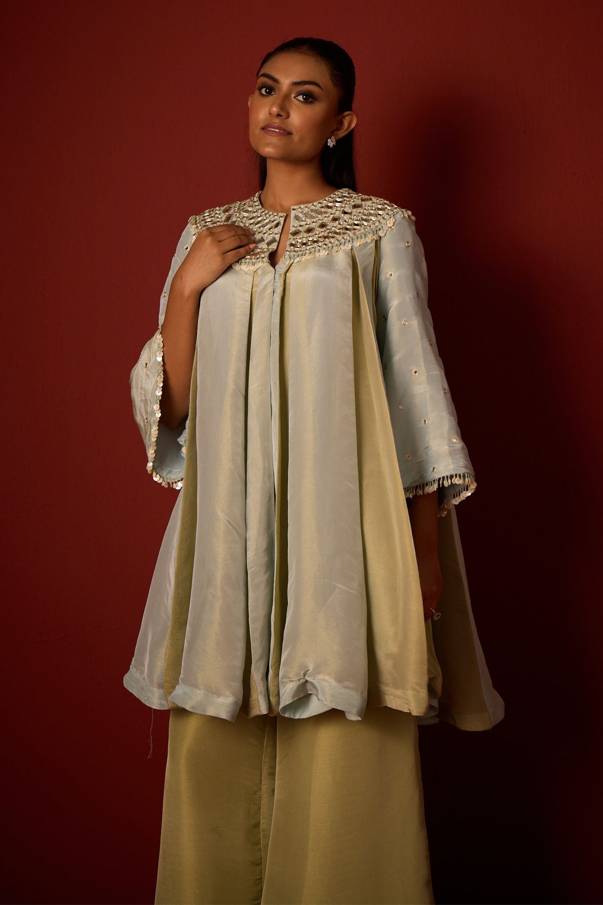 Tissue Mirror Work Panelled Tunic Set