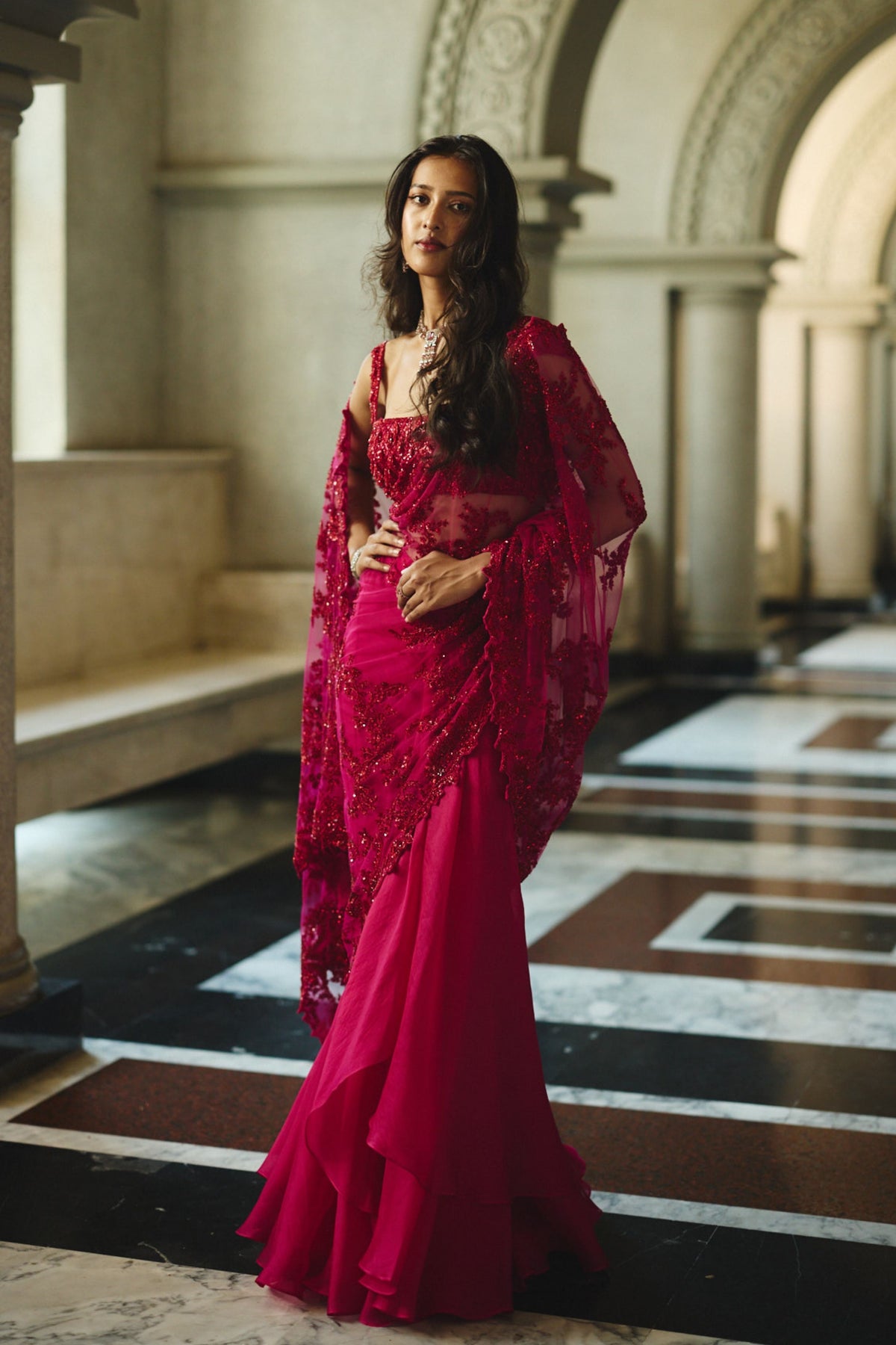 Red Athena Draped Saree Set