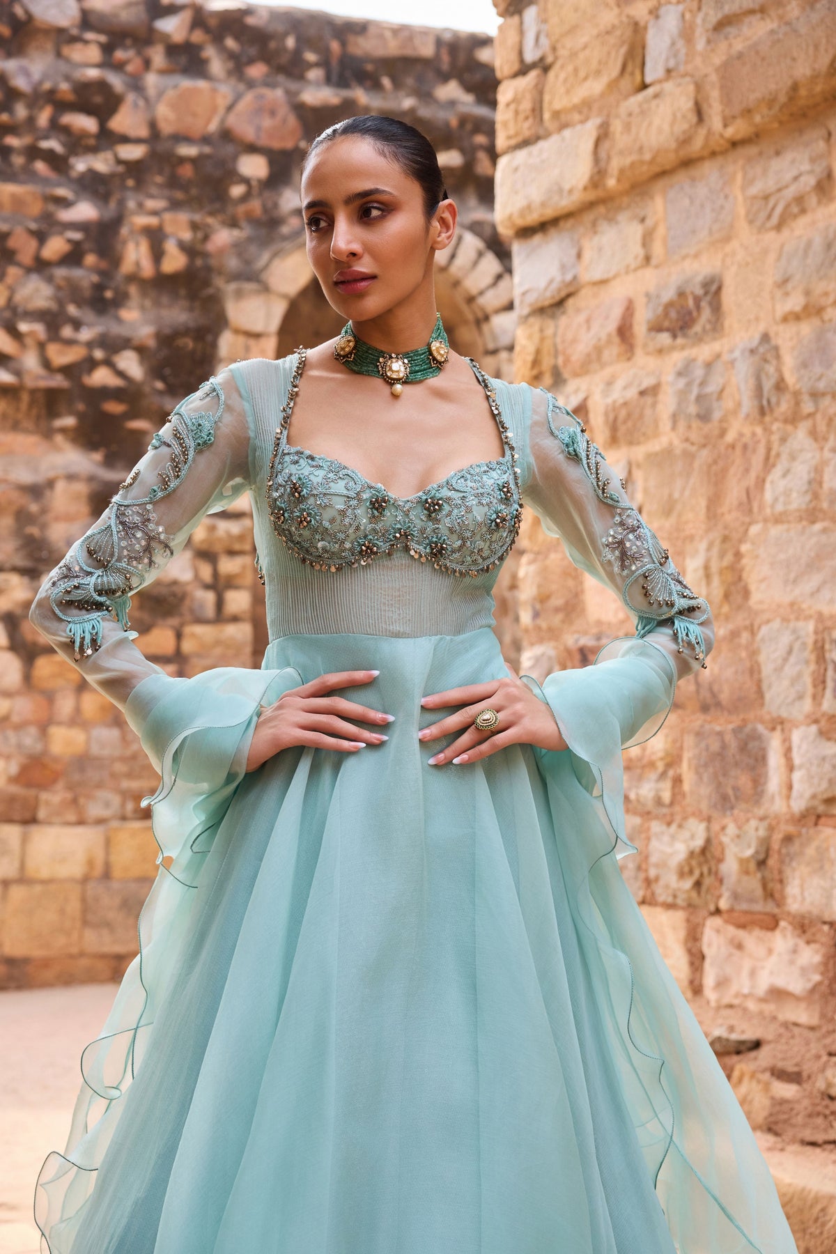 Aqua Embellished Anarkali Set