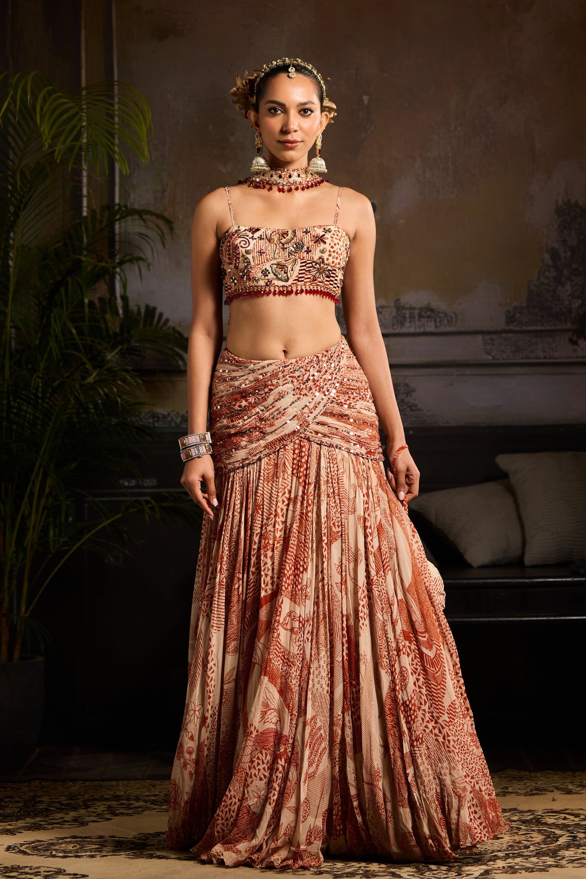 Beige and Rust Printed Lehenga Set