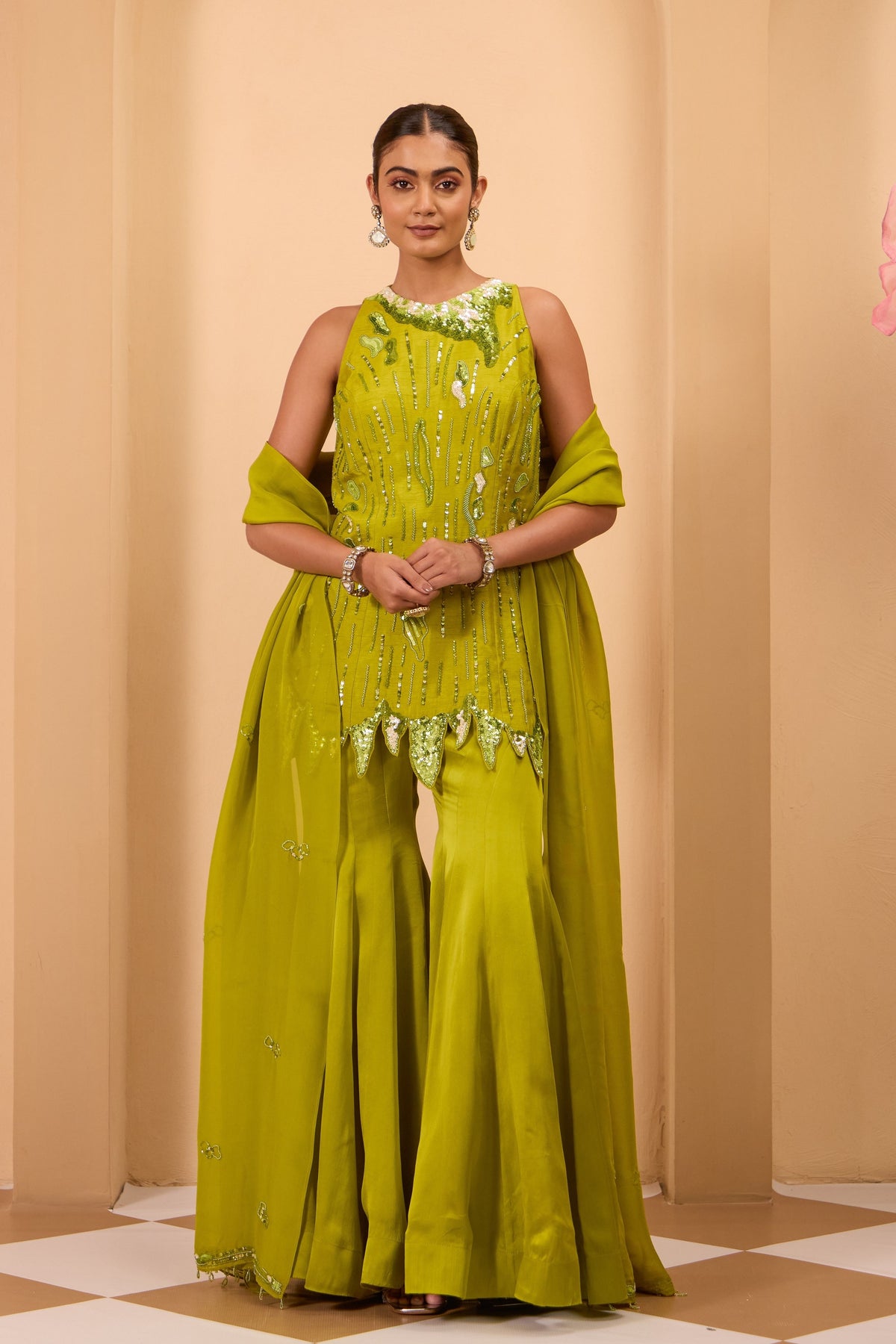 Green Heavy Embroidered Sharara Set