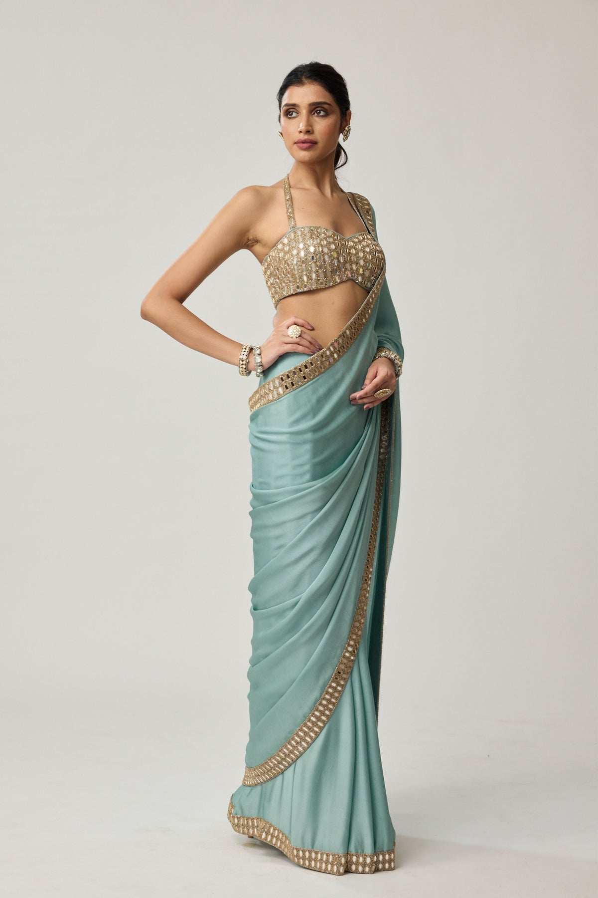 Powder Blue Mirror Saree Set