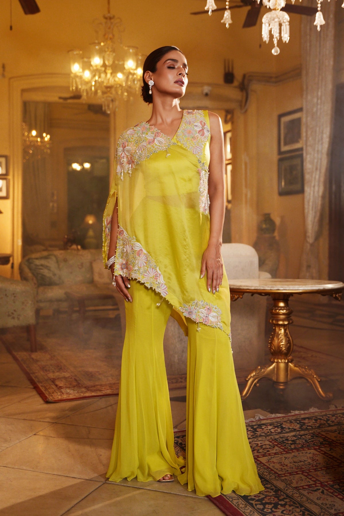 Hand Embroidered Assymetric Cape Set