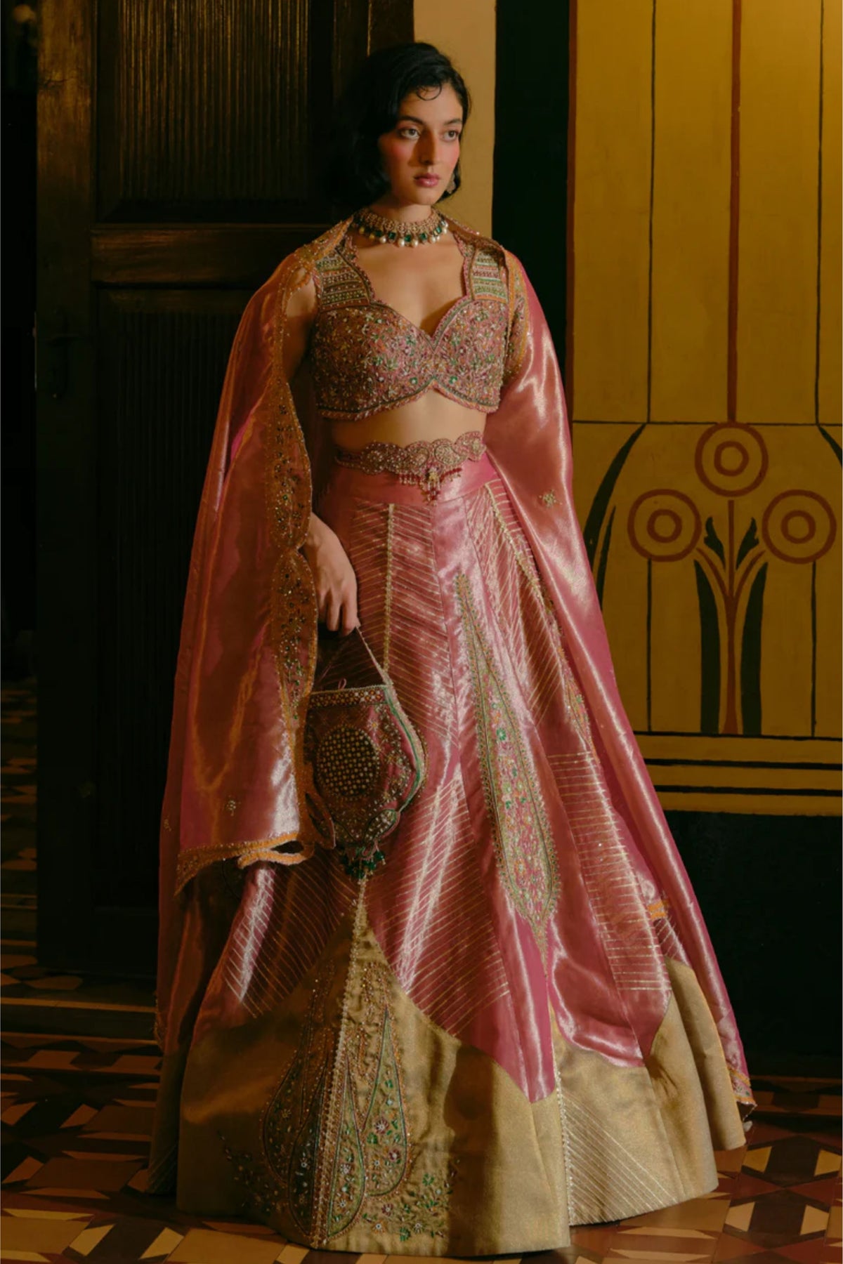 Pink  Tissue Lehenga Set