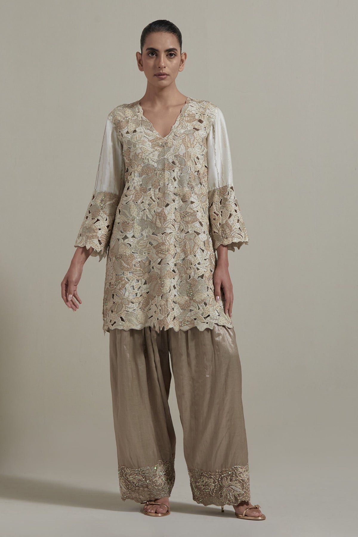 Beige Cutwork Kurta Set