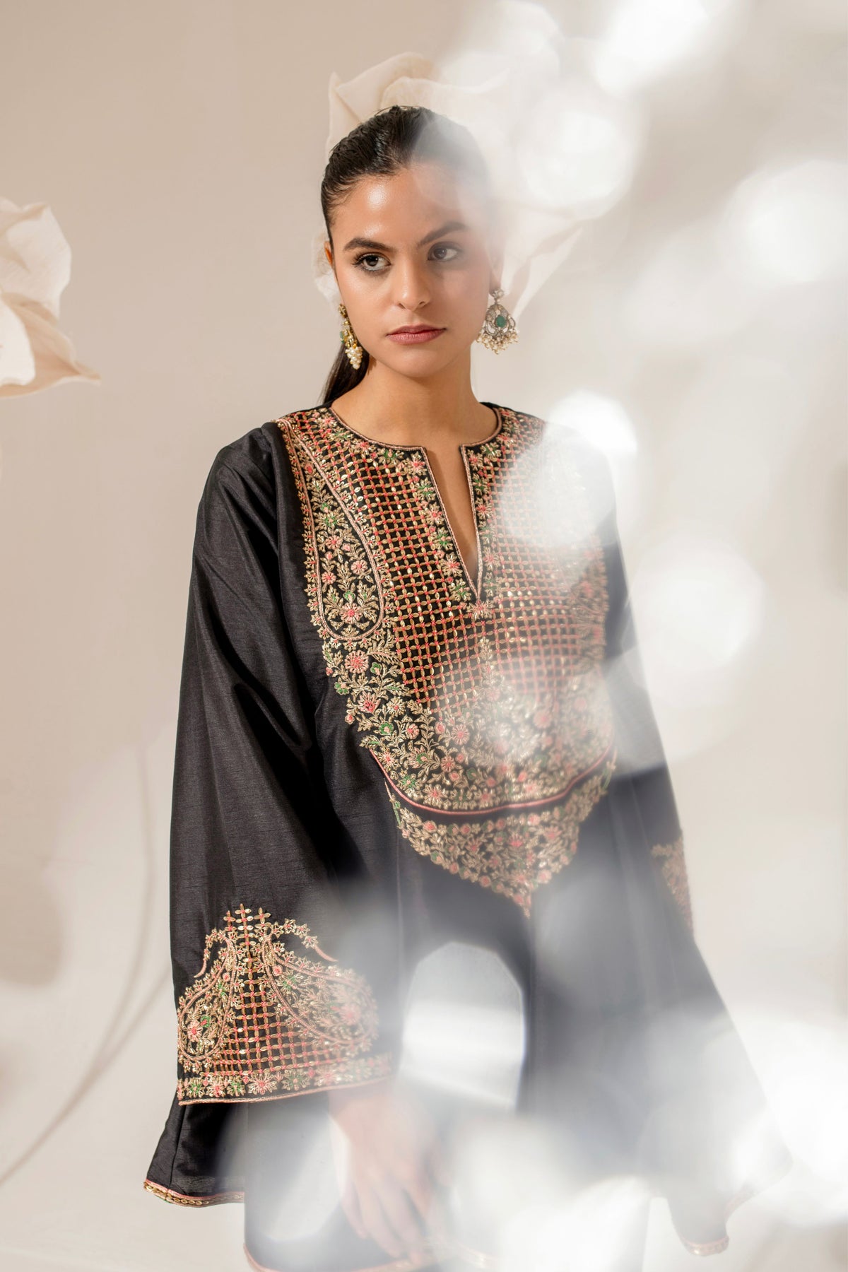 Black Silk Embroidered Kalidar Kurta Set