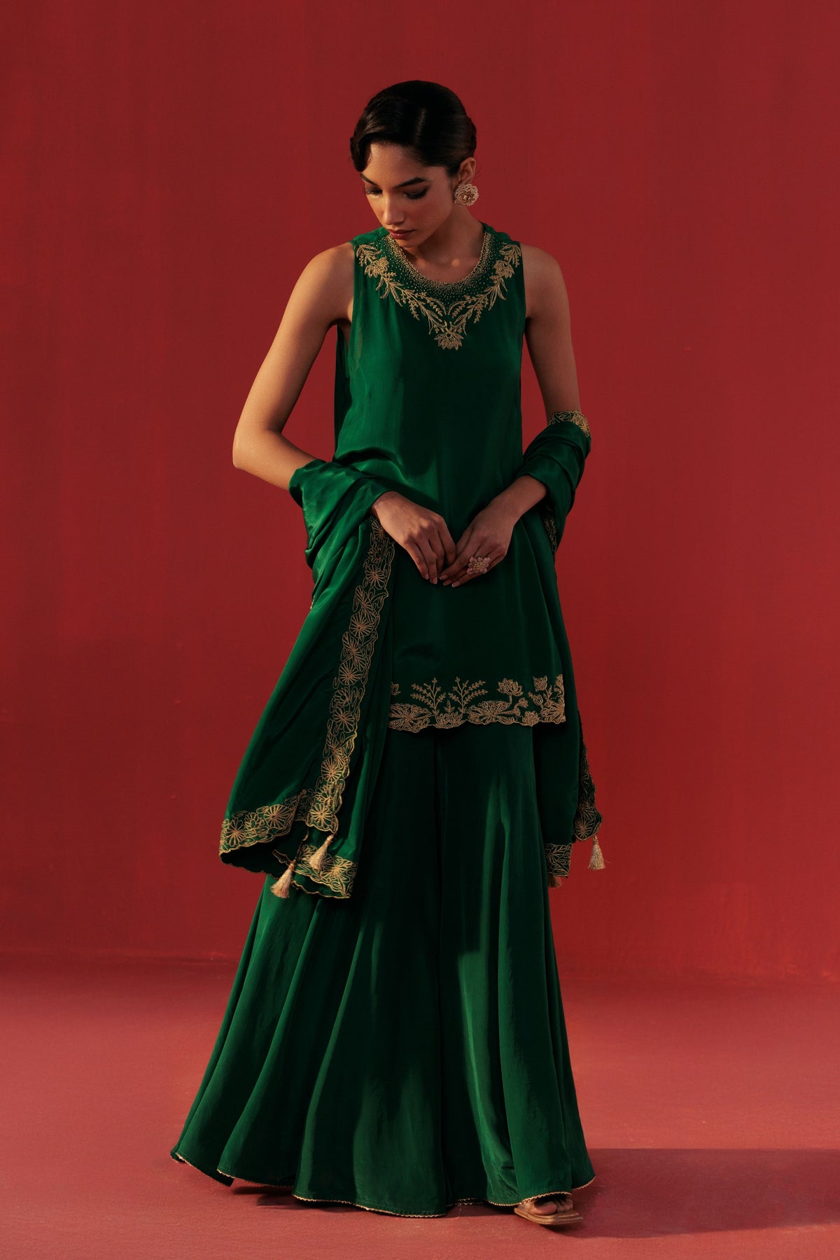 Satin Crepe Green Sharara Set