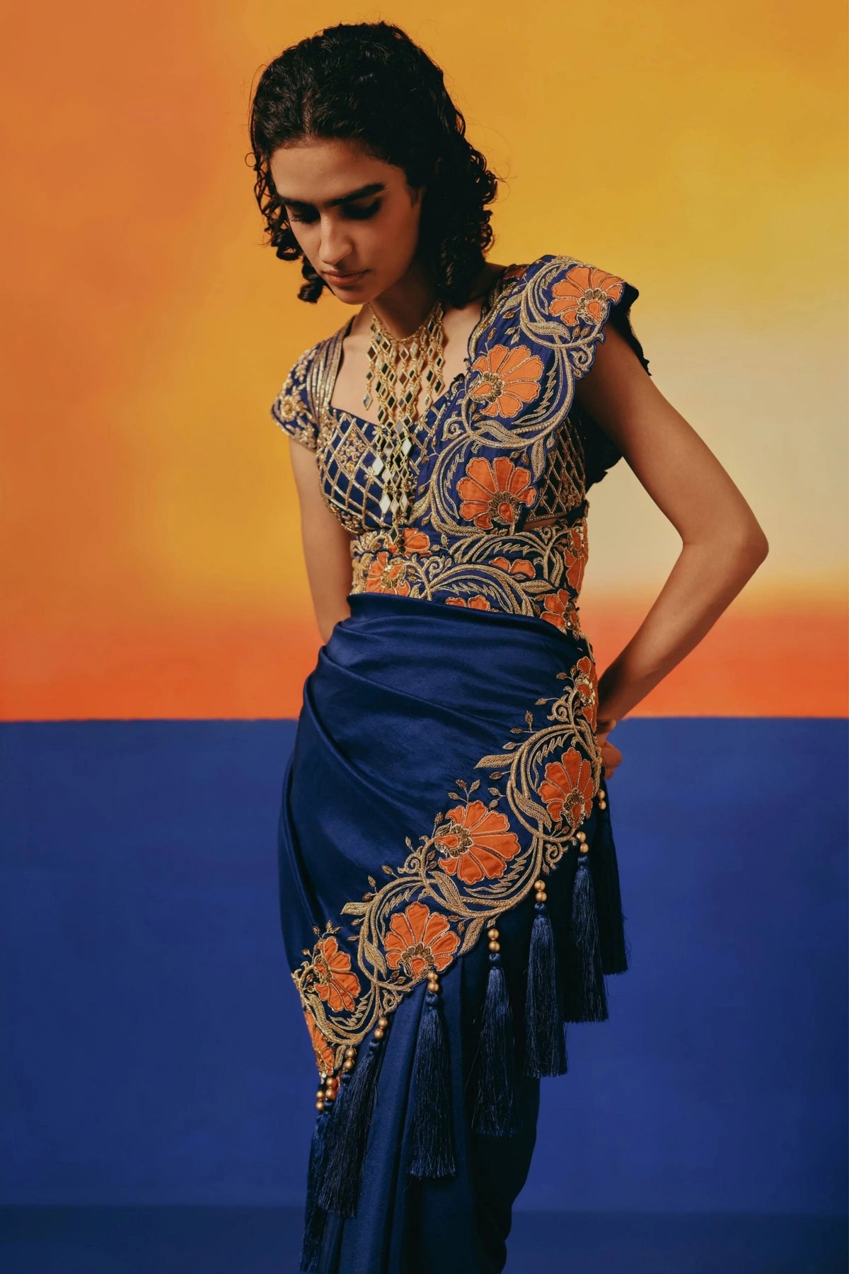 Navy Floral Saree Set