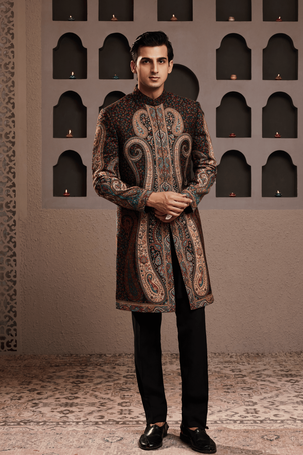 Jamawar Achkan Black Kurta Set