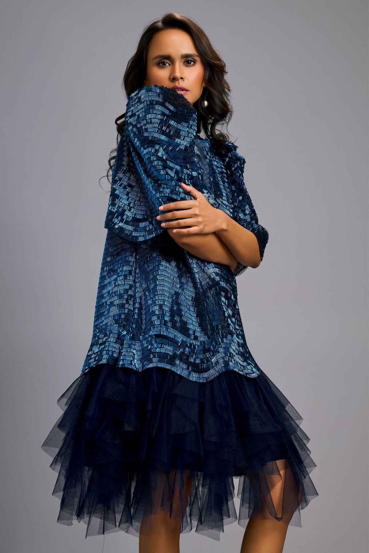 Shimmer Textured Navy Body Dress