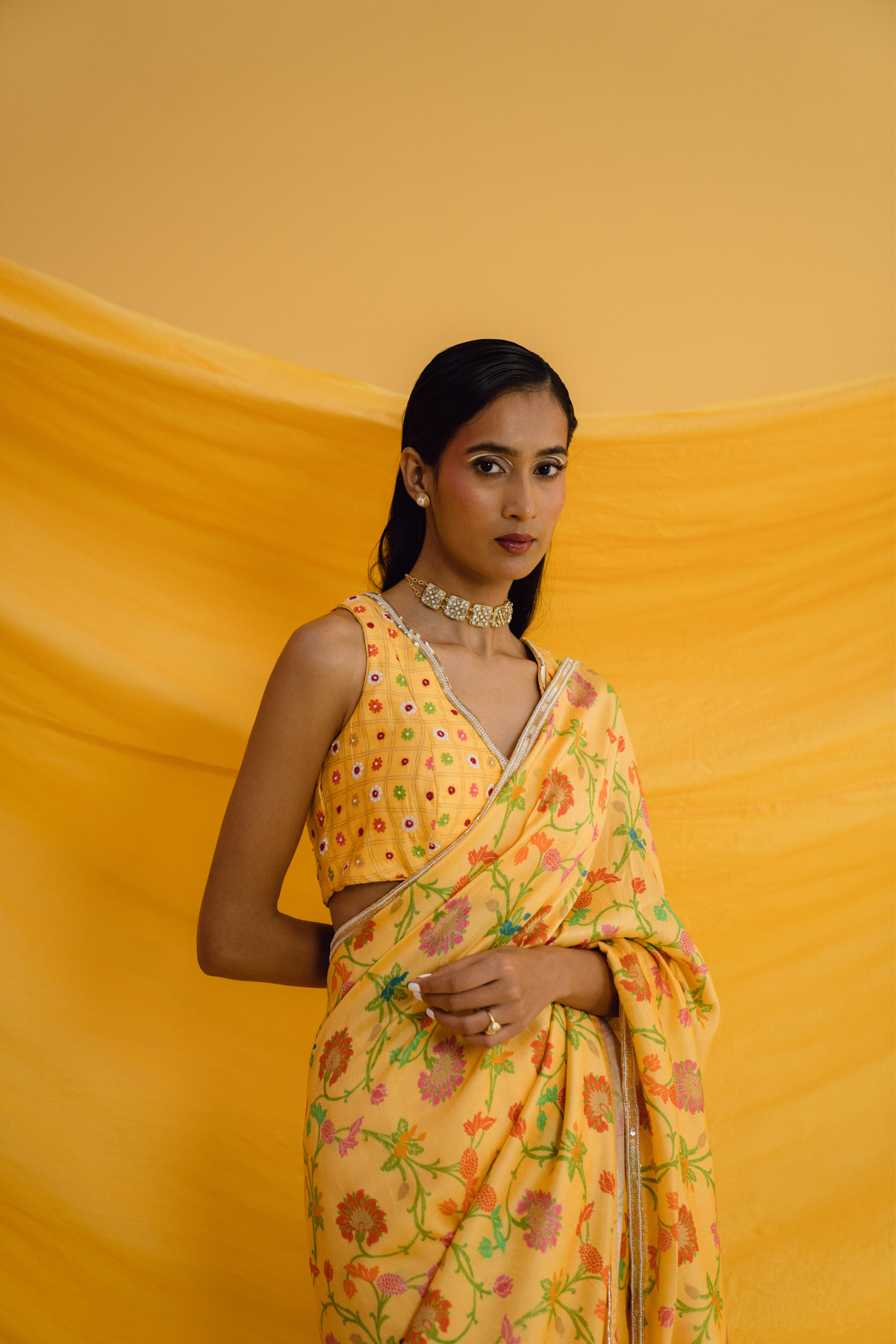 Embroidered Blouse With a Mix Print Saree