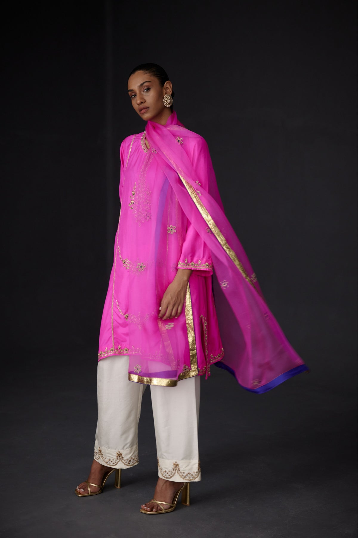 Embroidered Tunic Set in Hot Pink and Ivory