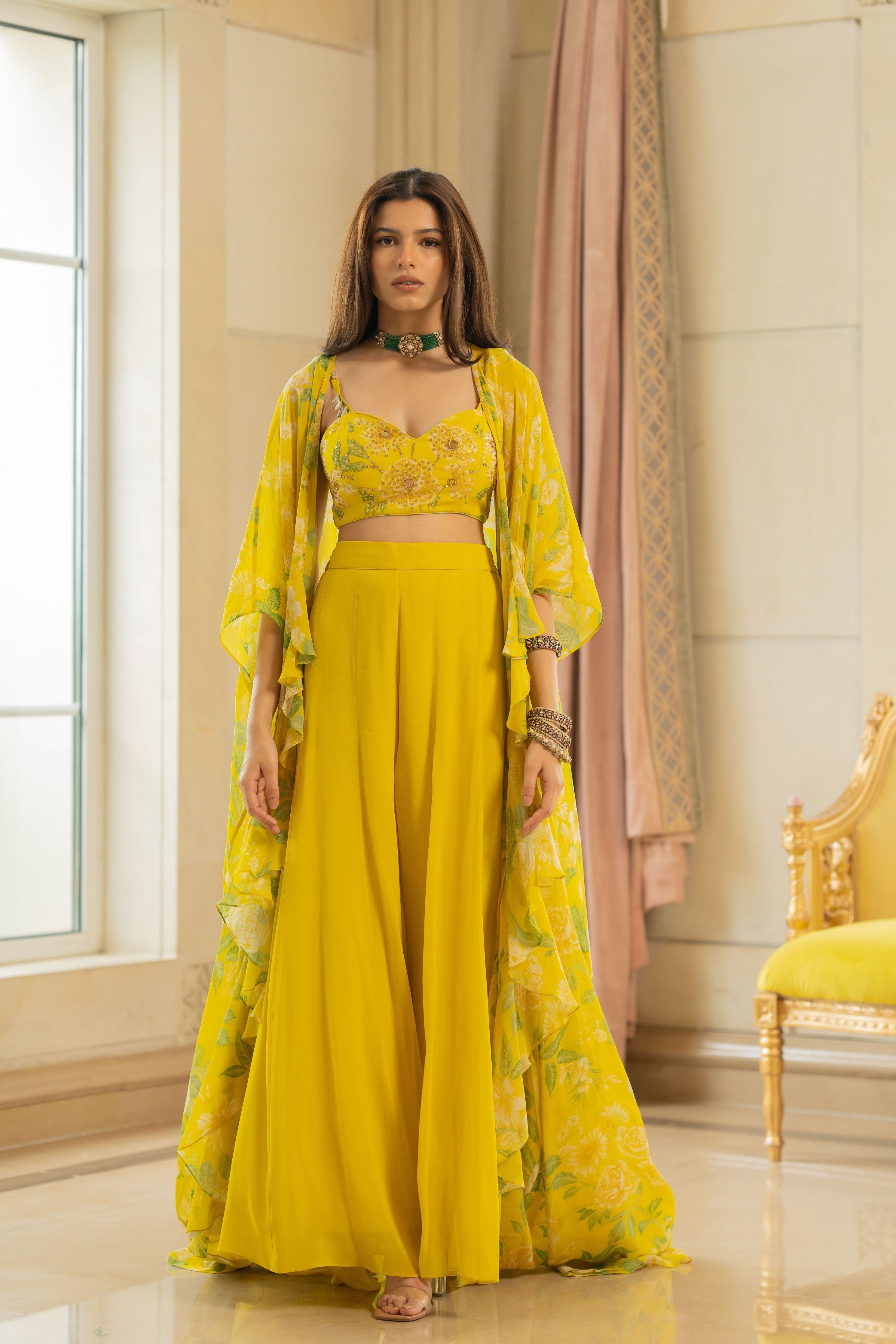 Paulmi and Harsh Lime Yellow Floral Printed Drama Jacket Set Elahe
