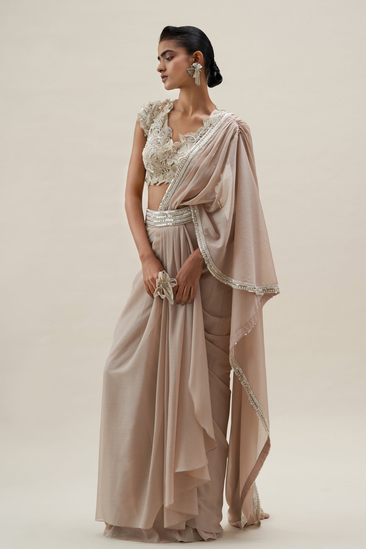 Beige Hibiscus Bloom Draped Saree Set