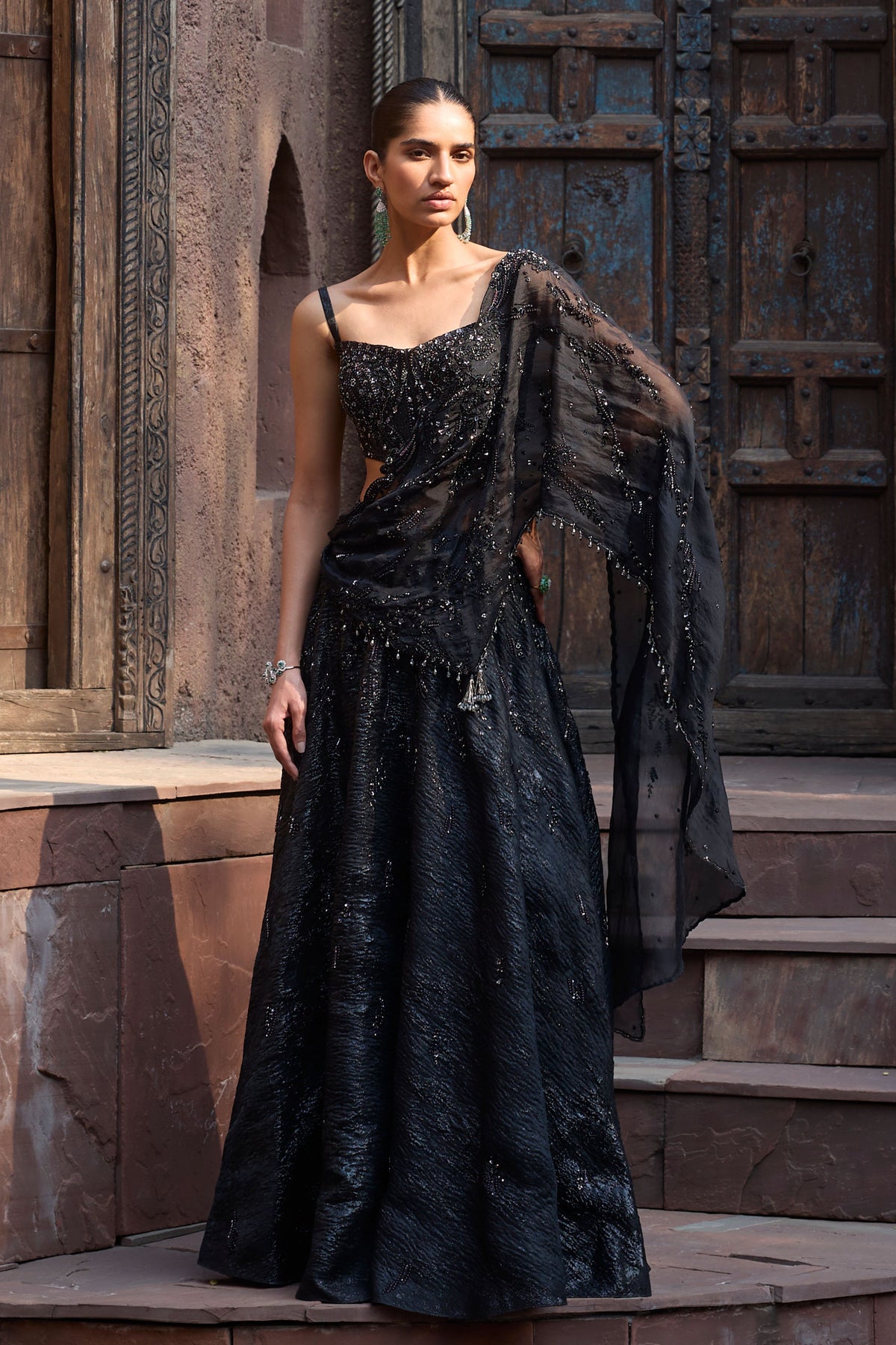 Starlit Charcoal Drape Lehenga Set