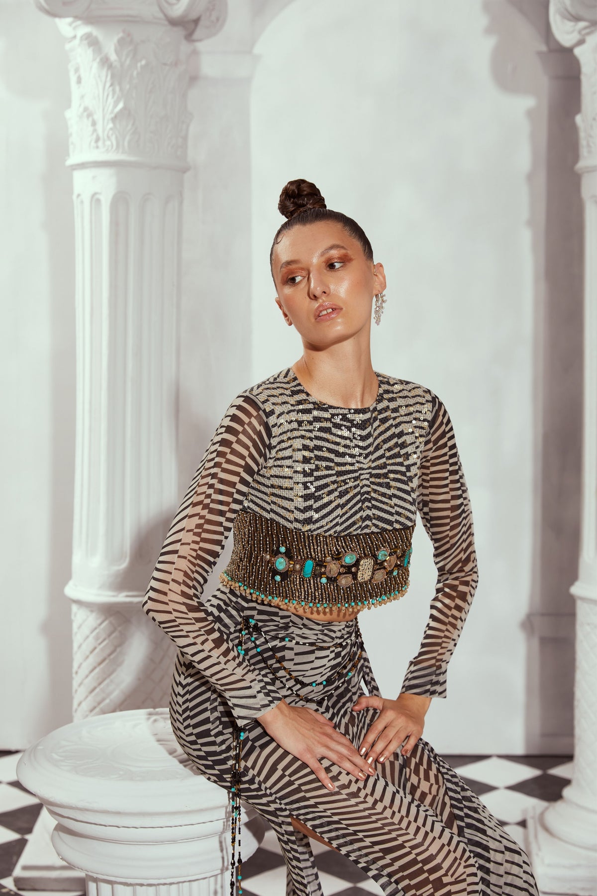 Byzantine Print Crop Top With Drapped Skirt