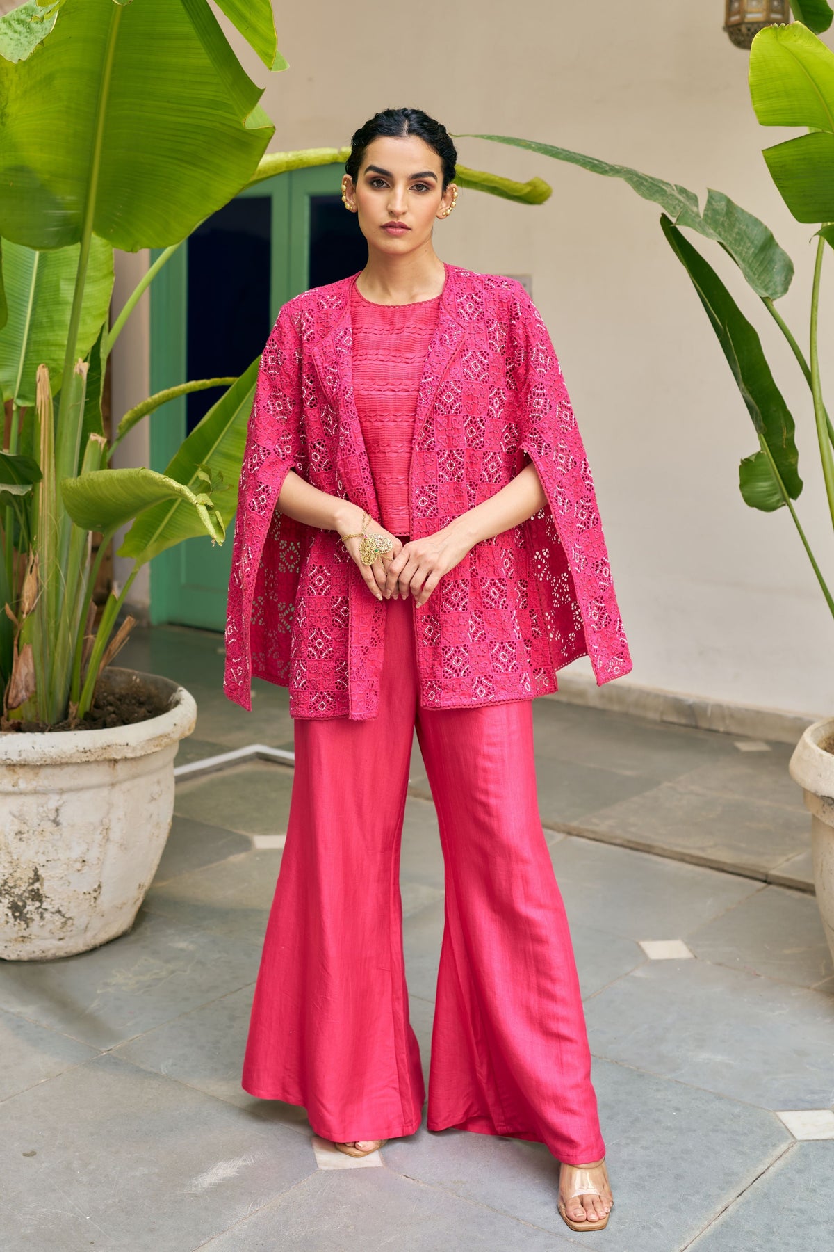 Fuschia Embroidered Cape Set