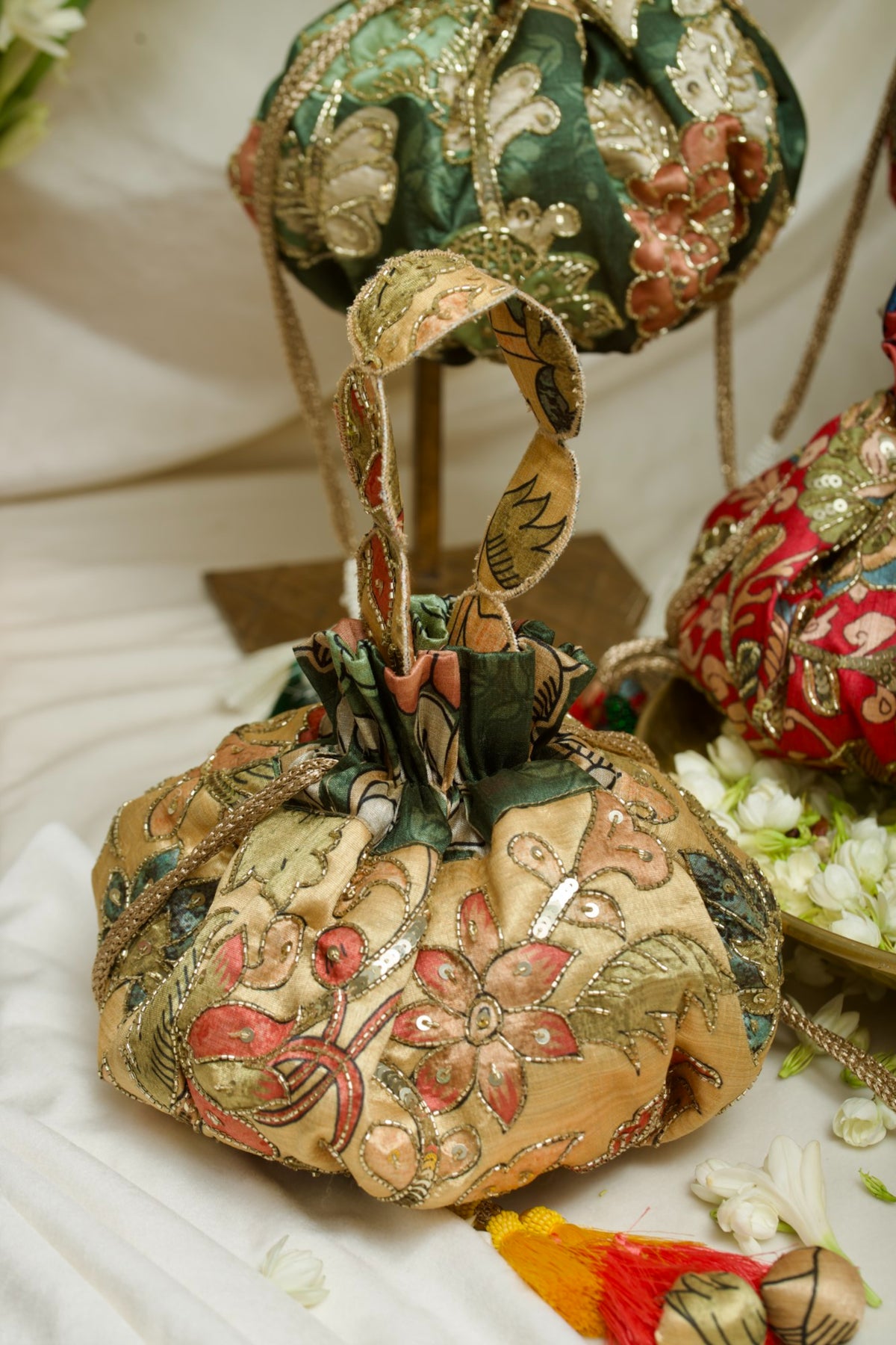 Kalamkari Gol Potli Bag Yellow