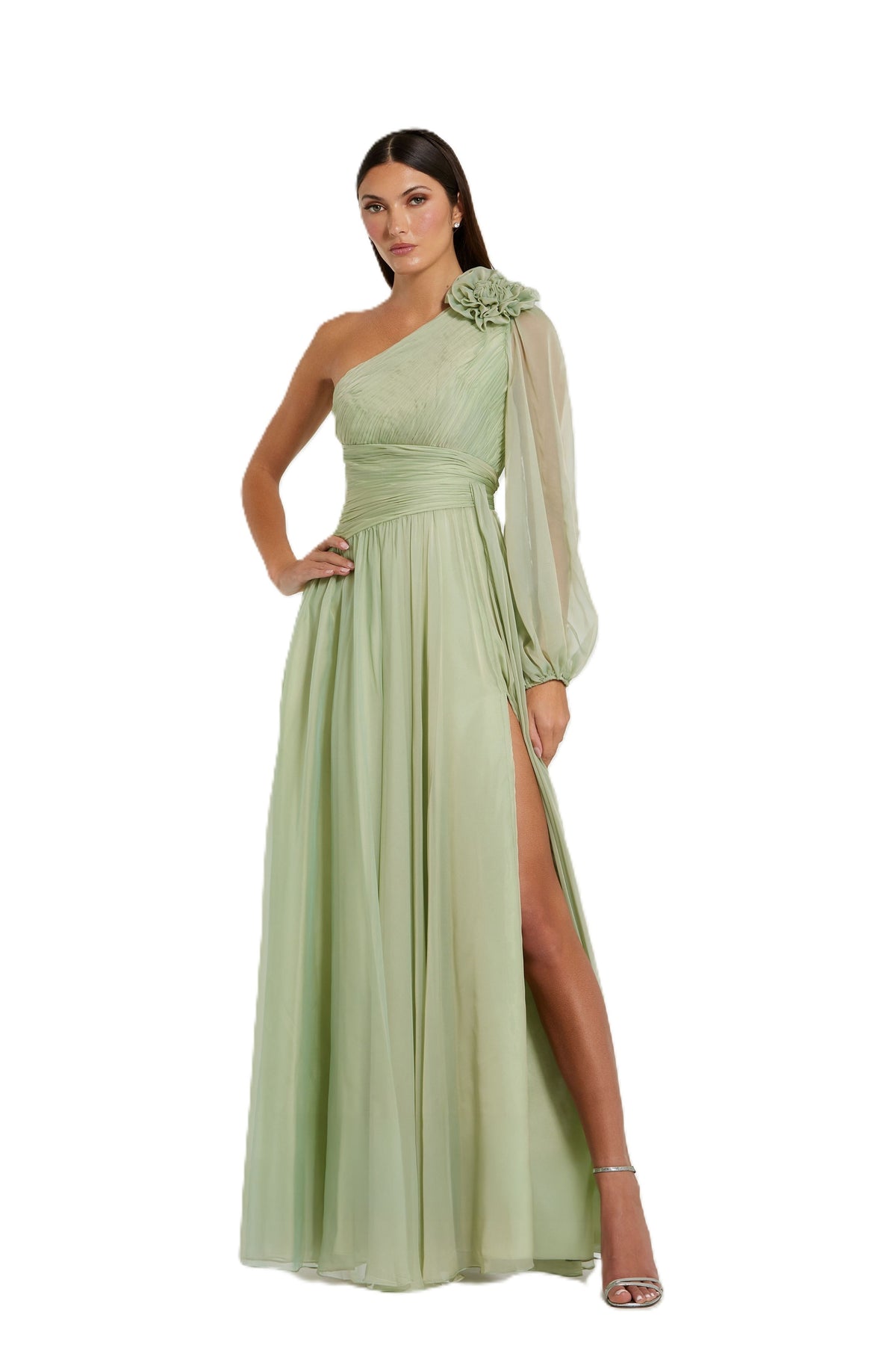 Green One Shoulder 3d Flower Gown