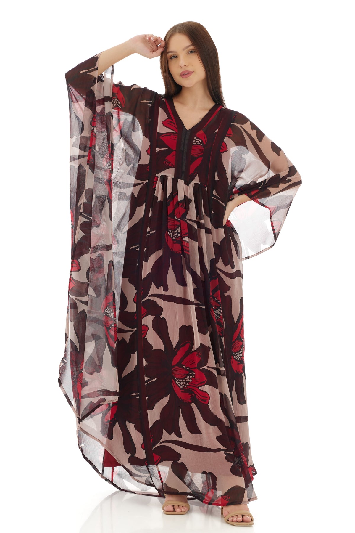 Beige and Brown Floral Kaftan