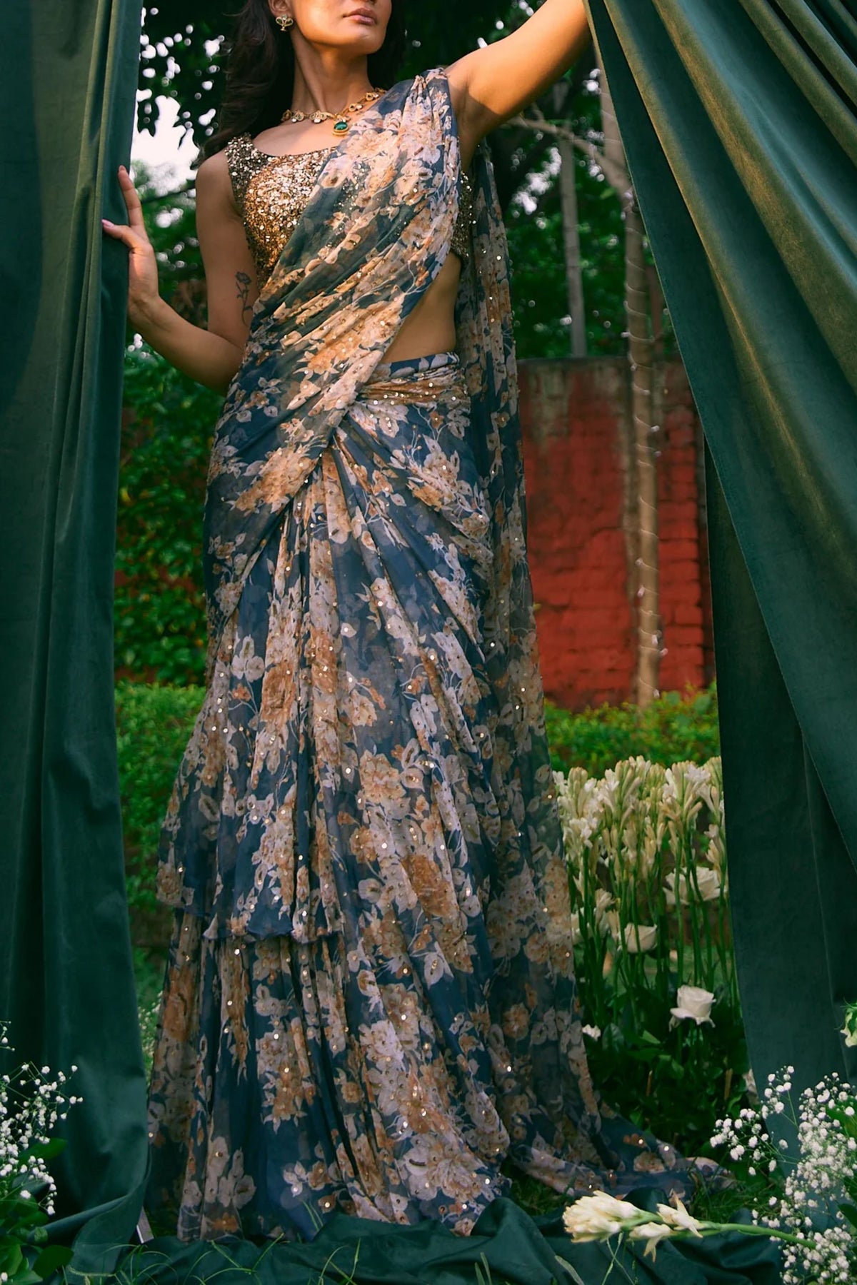 Teal Blue Floral Saree