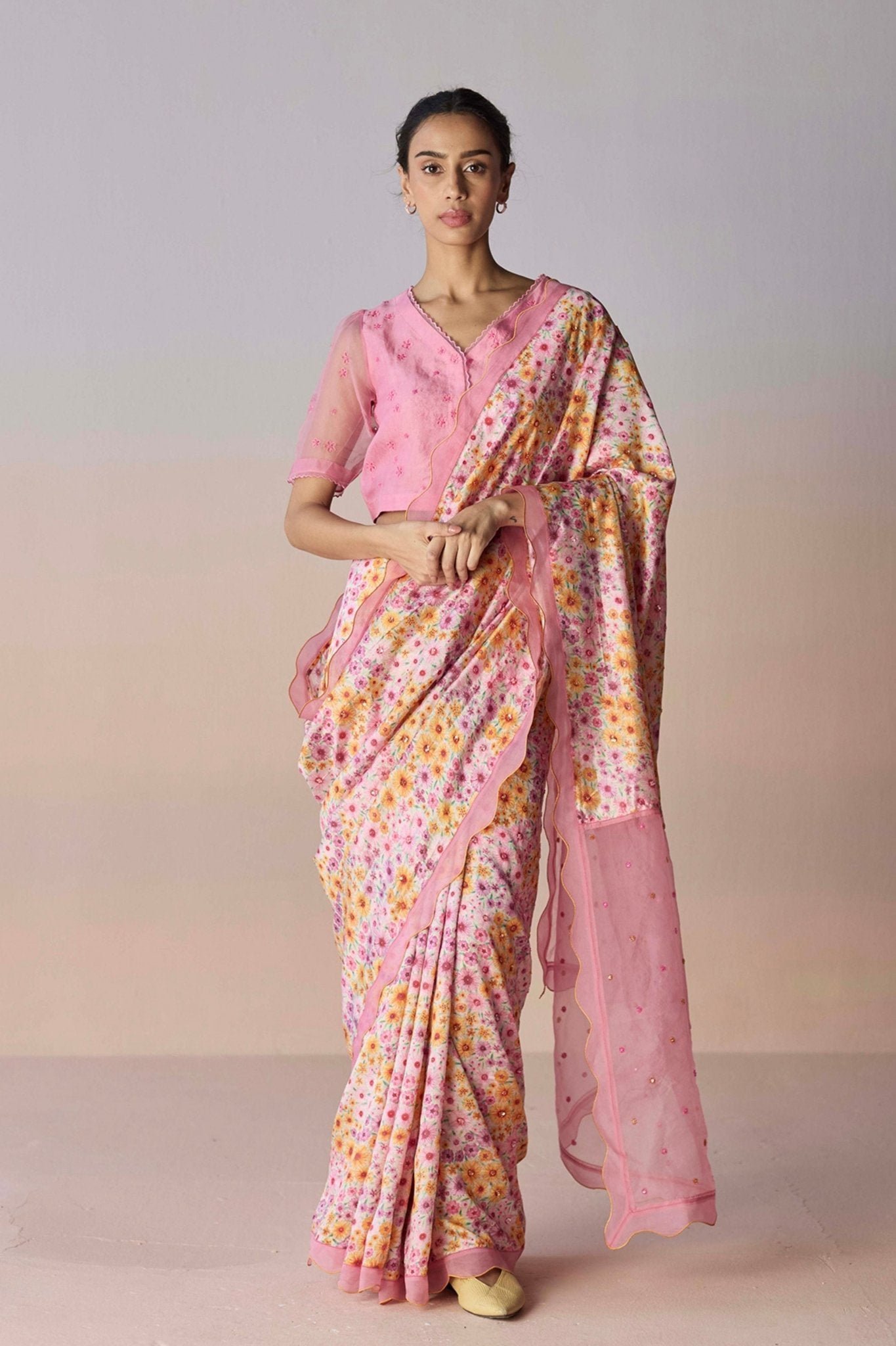 Wildflower Dawn Pink Saree - Surmaye - Elahe