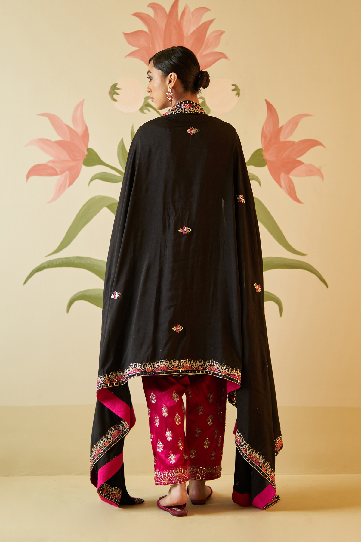 Black Satin Silk Anarkali Set
