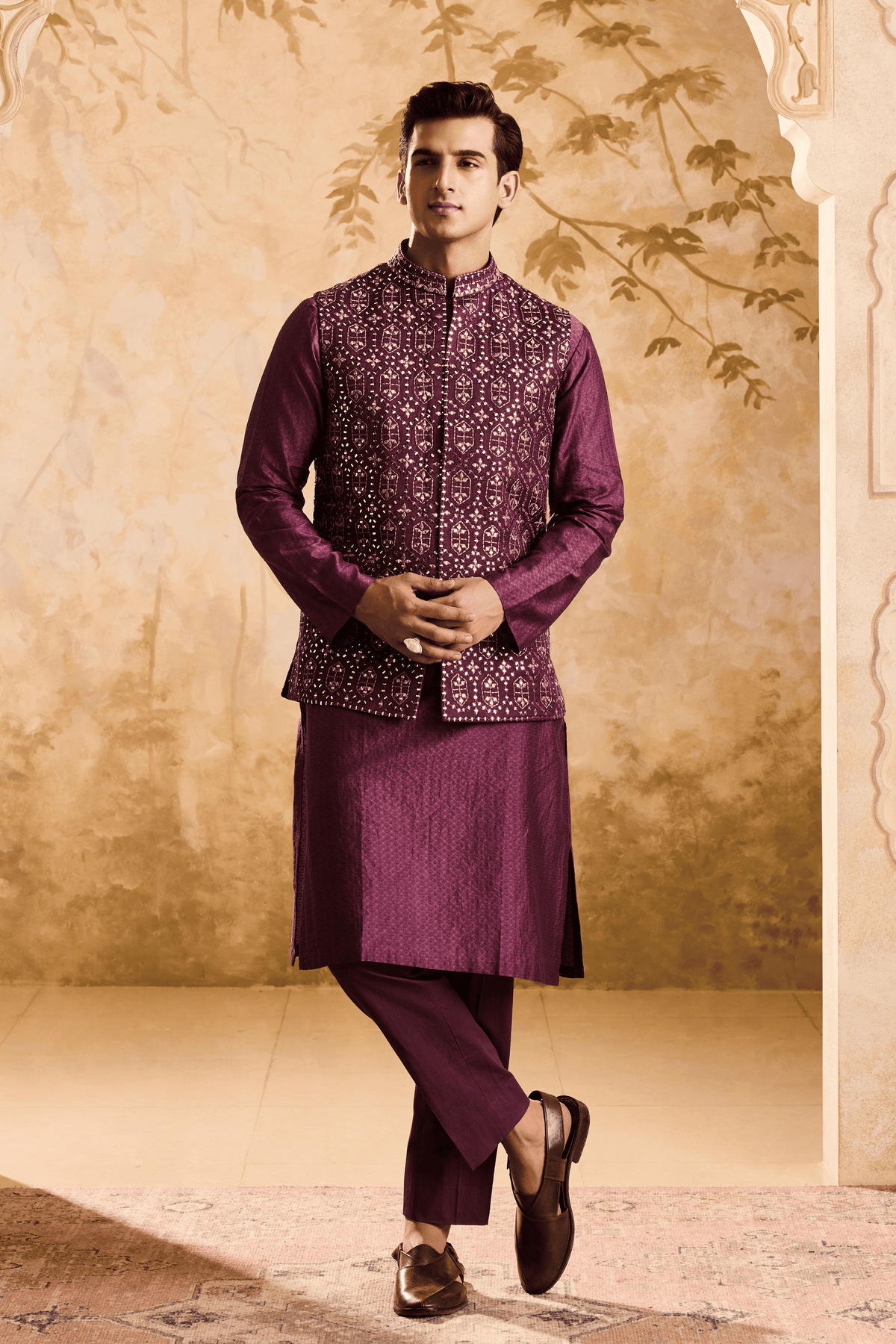 Wine Mirrorwork Bundi Kurta Set