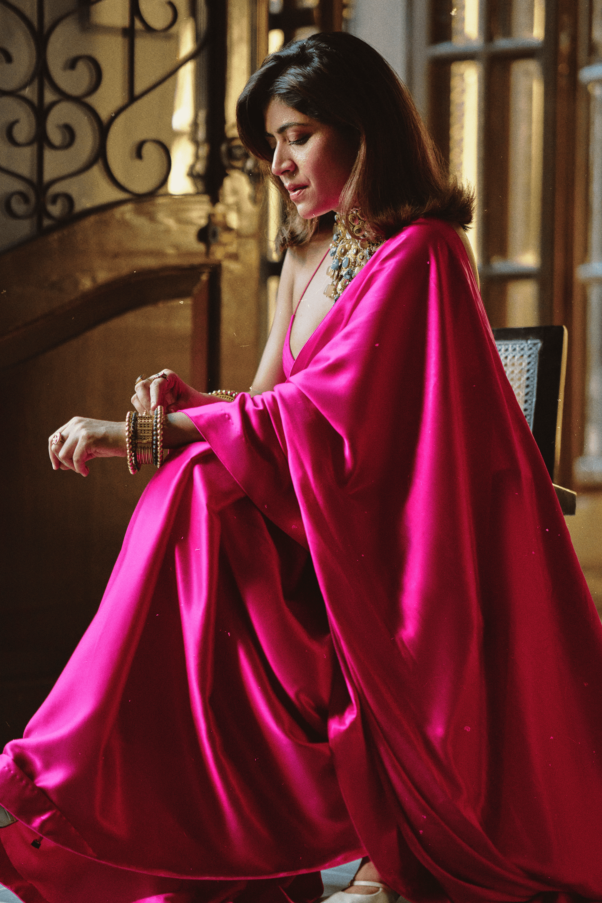 Ekaya - Handwoven Rani Pink Satin Saree