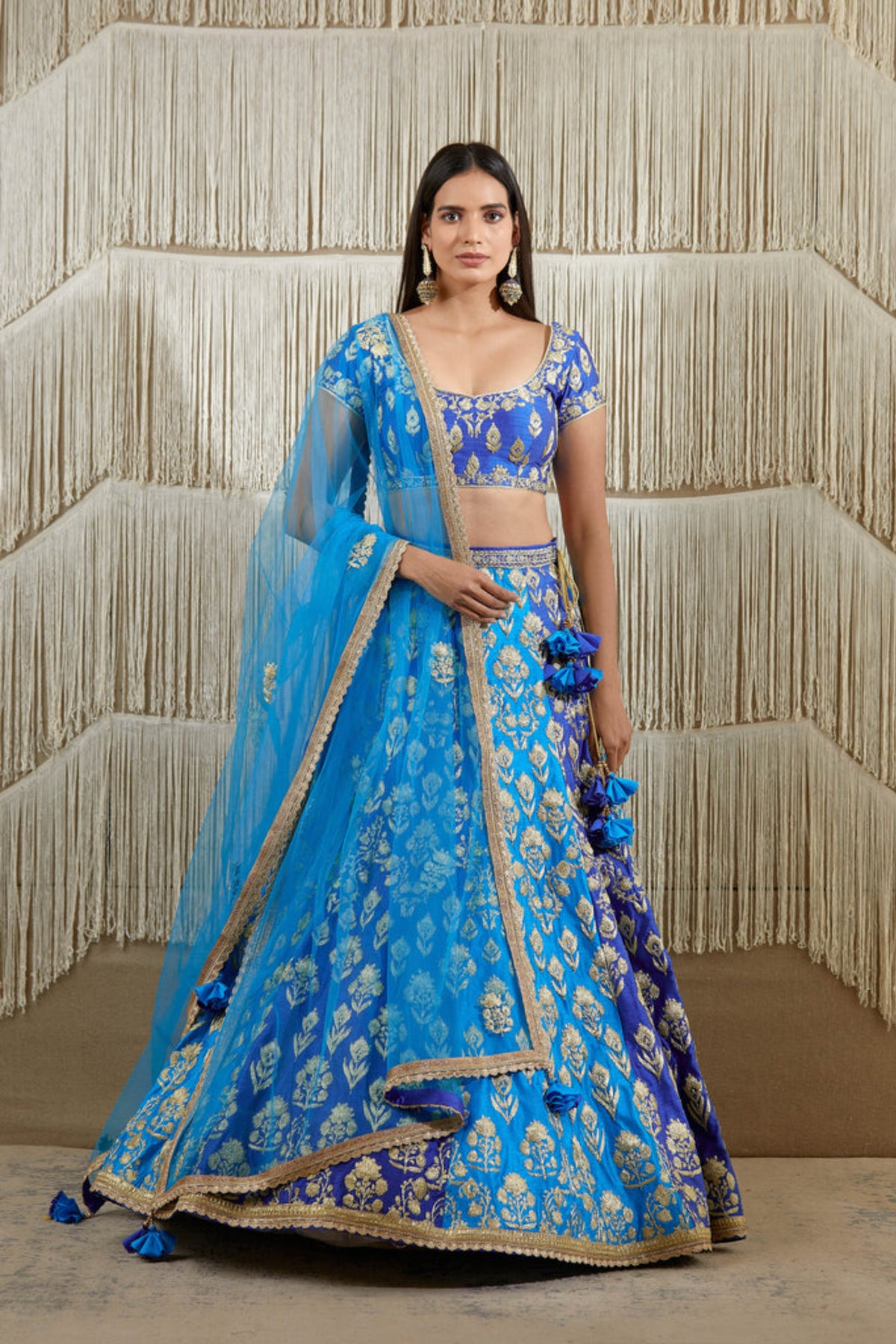 Blue metallic embroidered lehenga set
