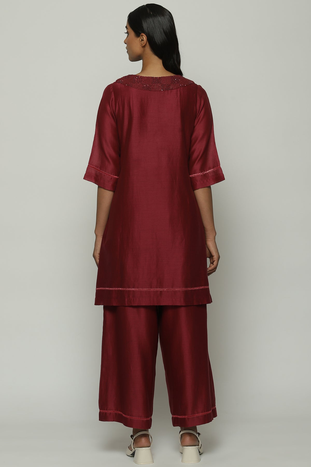 French Knot Neck Wine Kurta