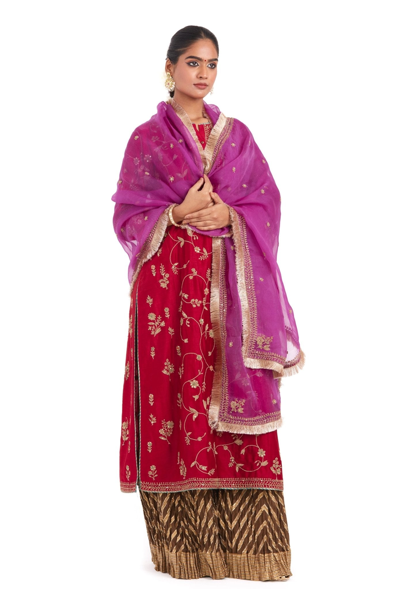 Red Chanderi Sharara Set - Kora - Elahe