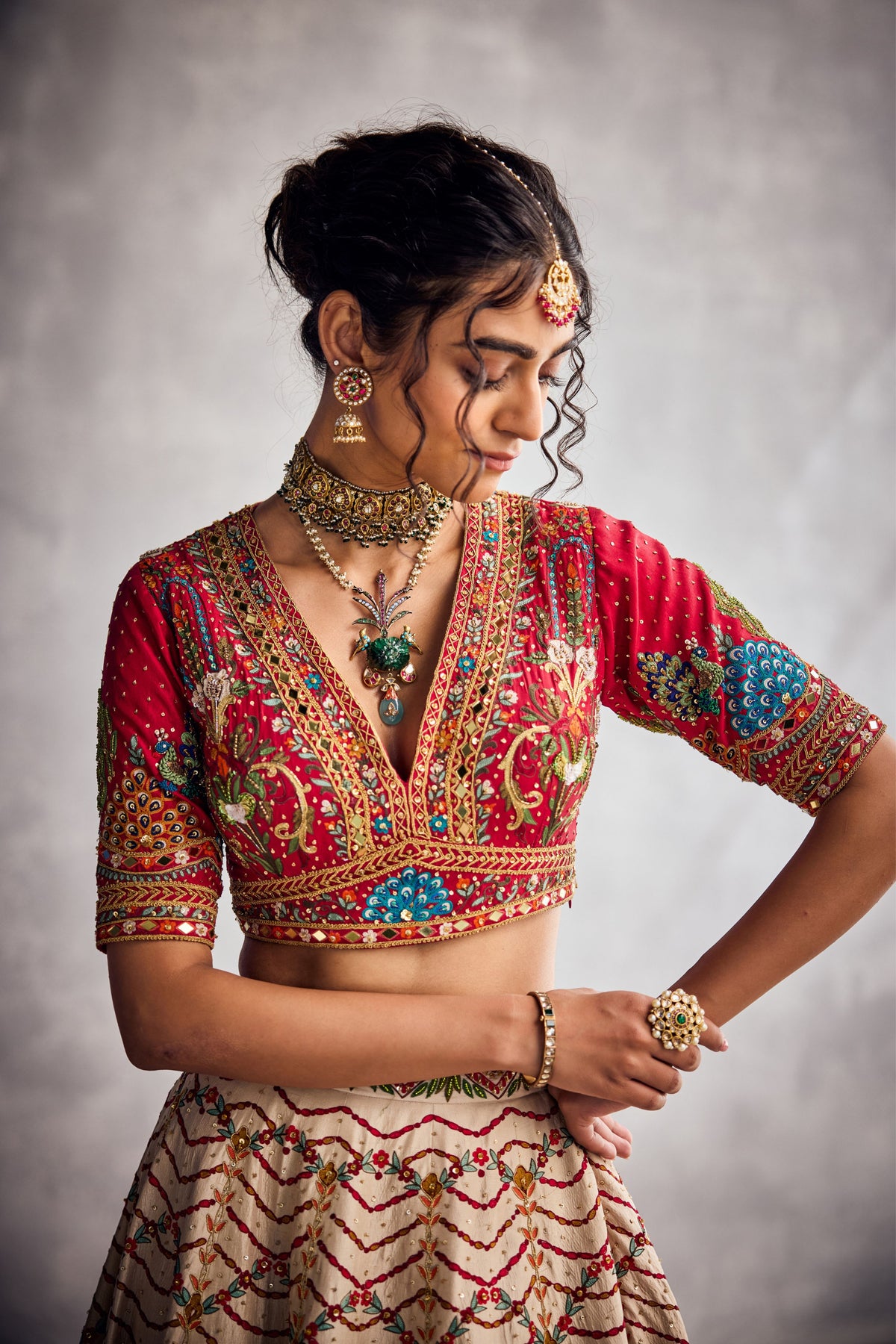 Ivory and Red Lehenga Set