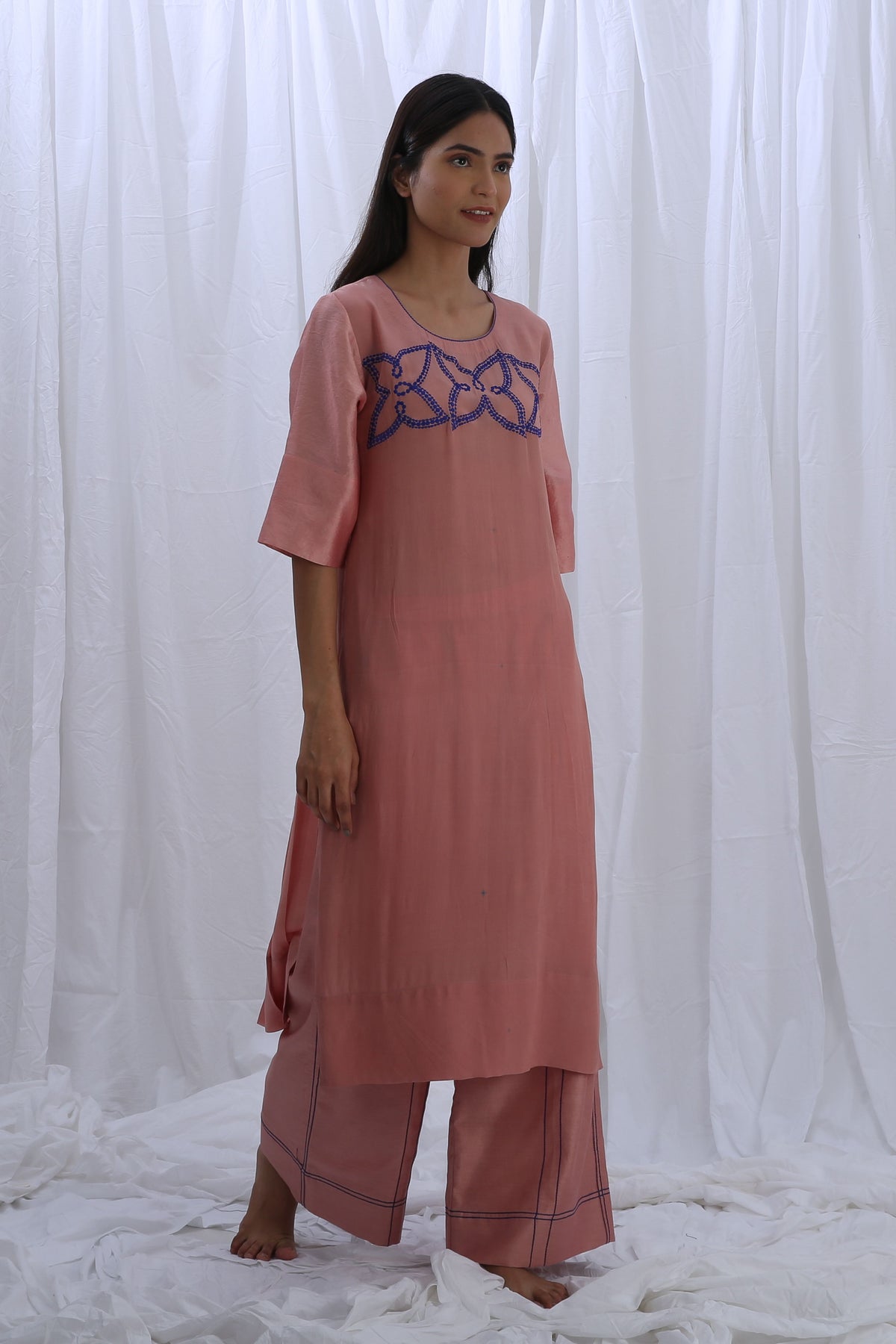 Peachy Pink Embroidery Pleated Kurta Set