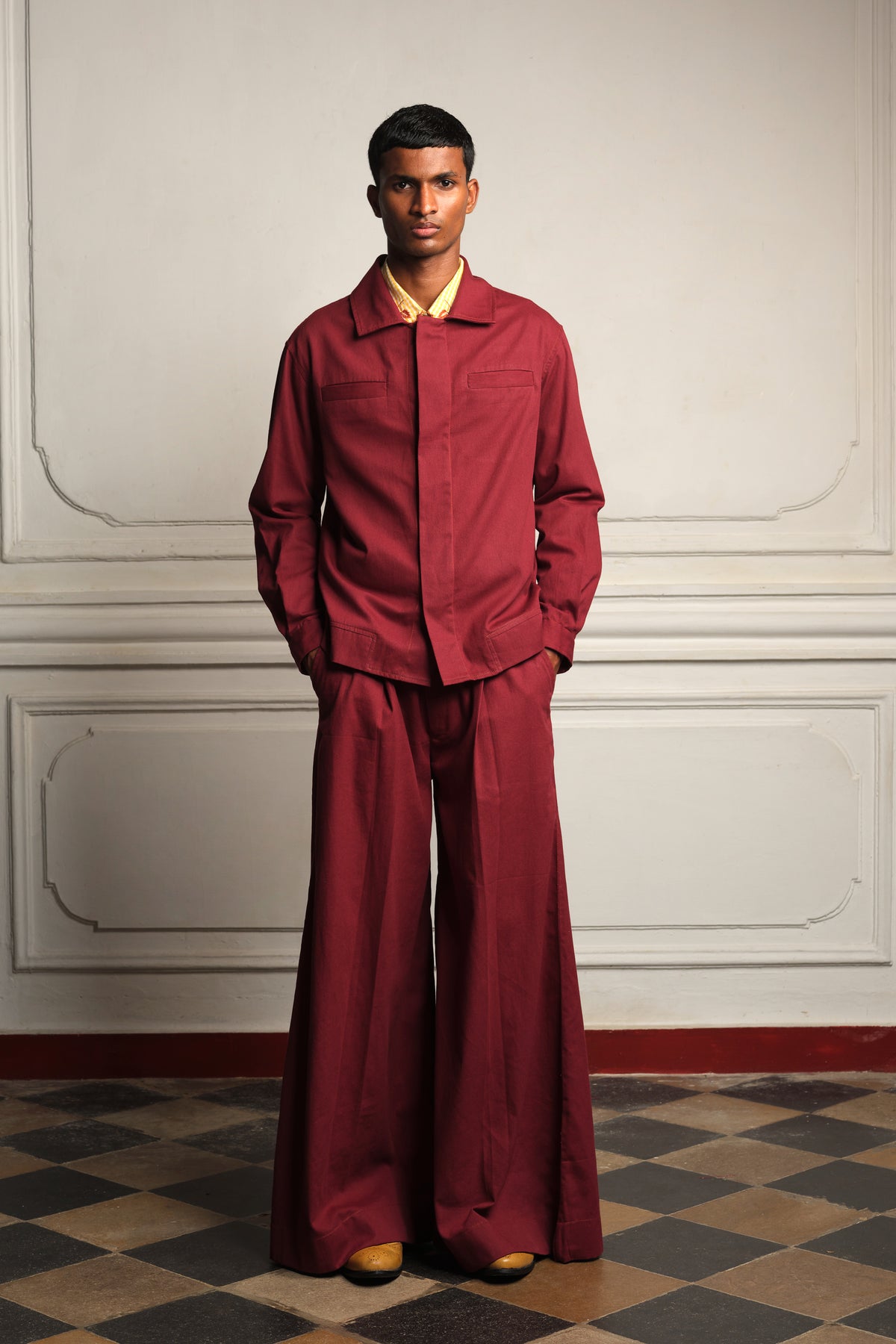 Lightweight maroon drill jacket with trousers