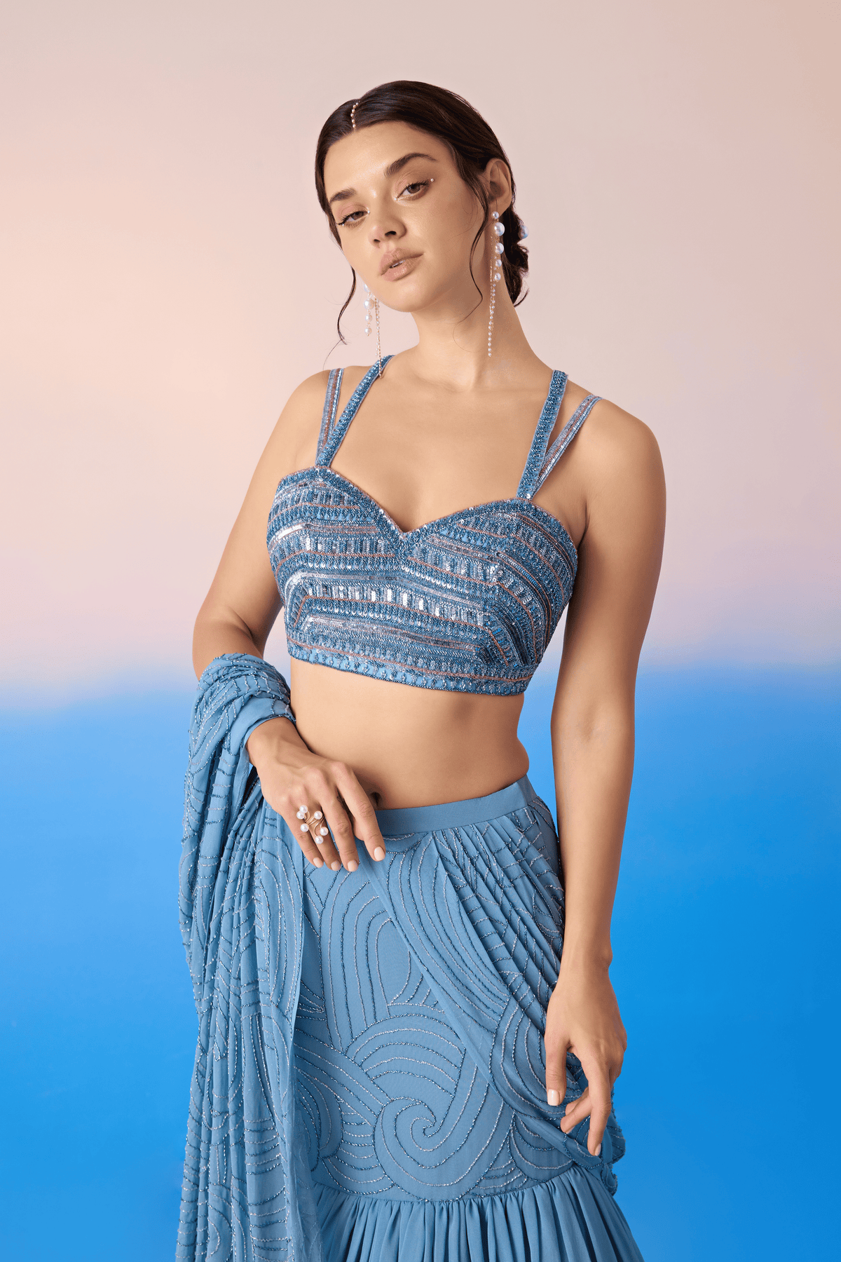 Mint Blue Lehenga Set With Attached Dupatta