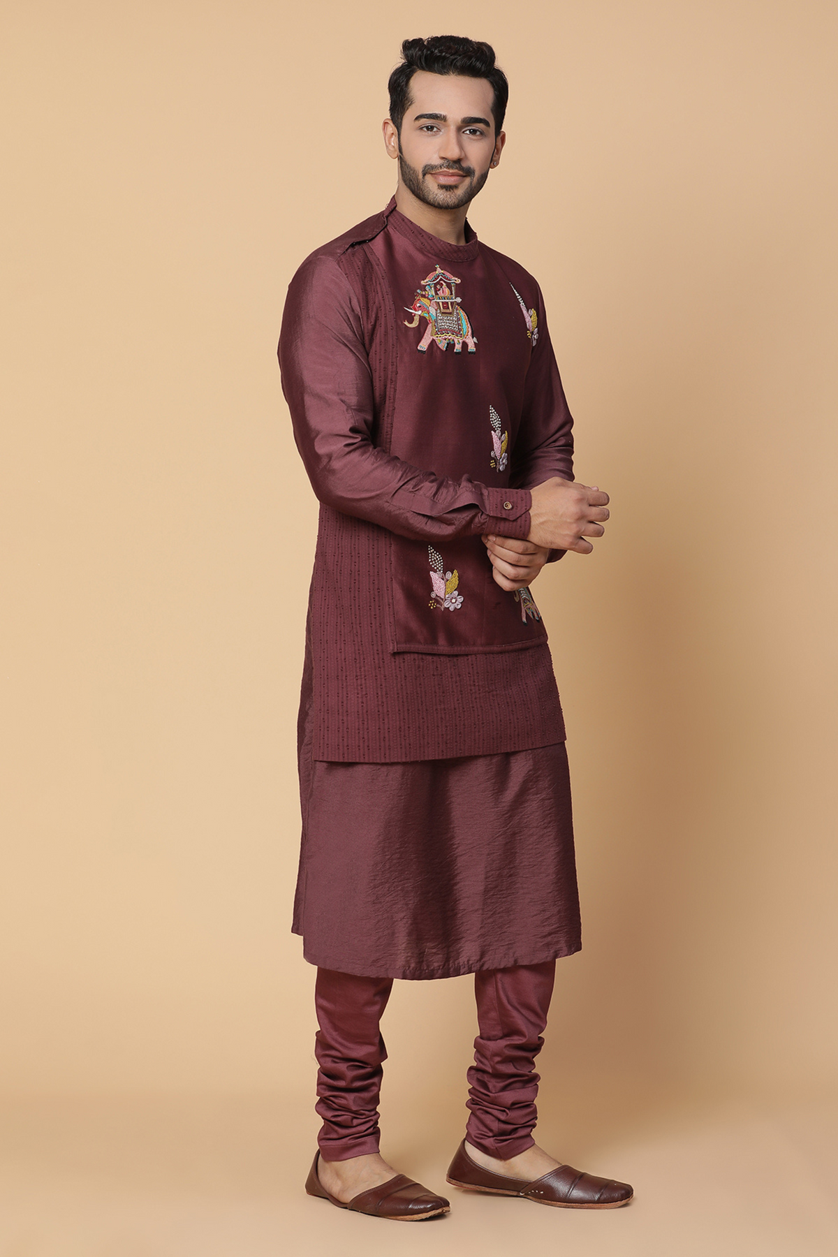 Maroon embroidered layered kurta set