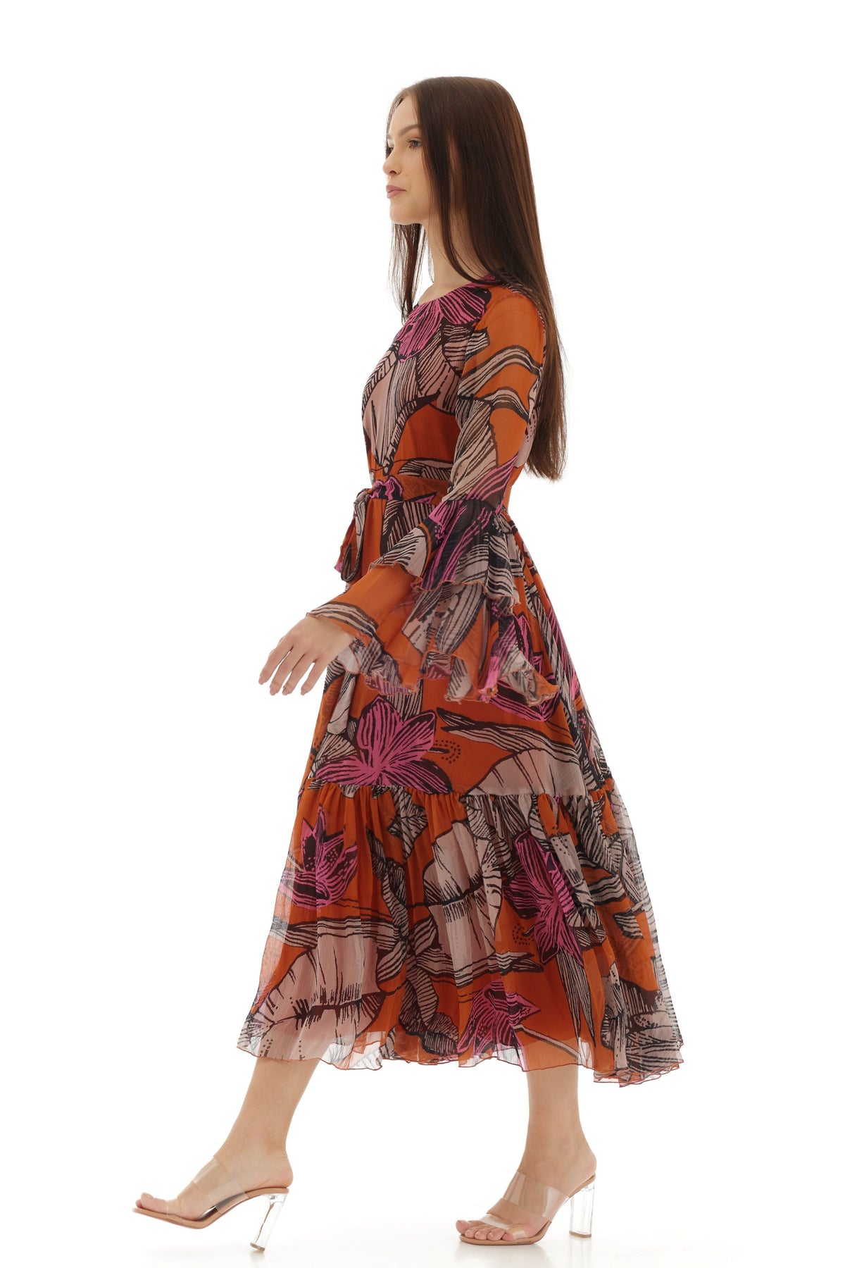 Orange and Beige Midi Dress
